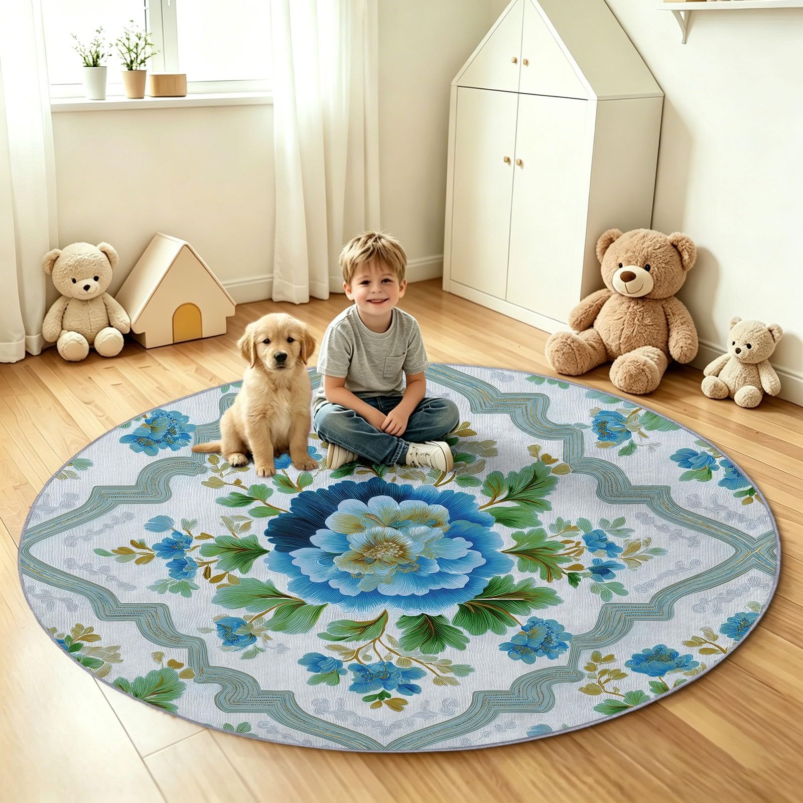 Tapis Rond Bleu 160 cm Antidérapant, Motif Floral Géométrique Champêtre