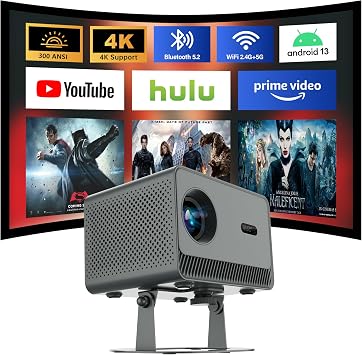 Built-in AppsMini Projector with WiFi and Bluetooth, 4K Support Portable Projector, 300 ANSI, 5W Speaker, Auto Vertical Keystone Outdoor Movie Projector Compatible with iPhone, TV Stick, Laptop