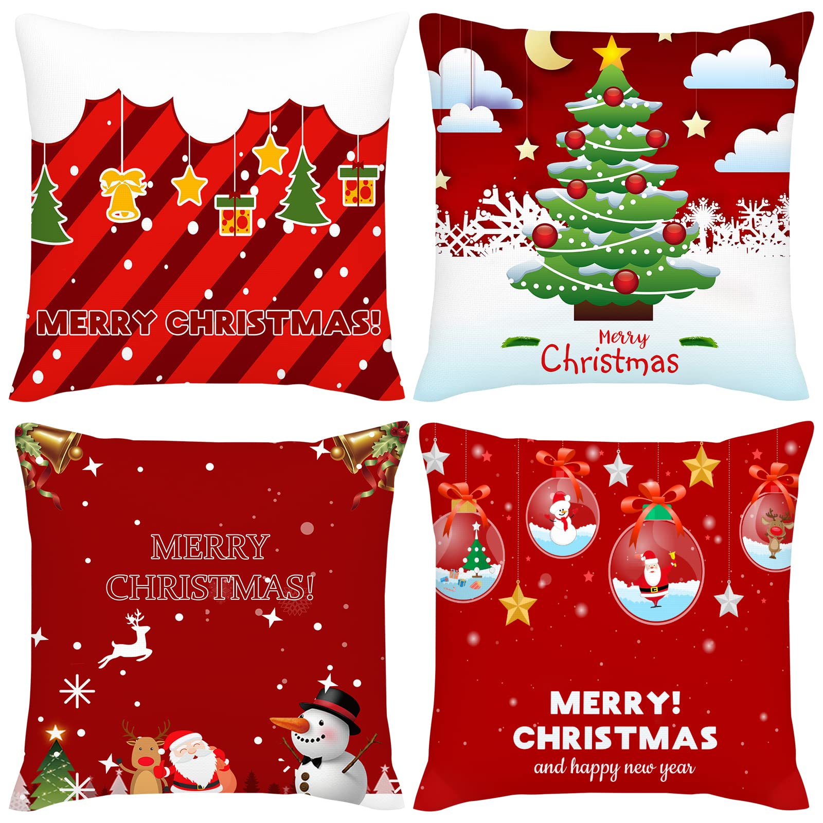 Jbralid Red Christmas Pillow Covers 18x18 Inch Set of 4 Cartoon Christmas Decorations Pillowcase Snowman Santa Claus Christmas Tree Throw Cushion Case for Home Sofa Couch
