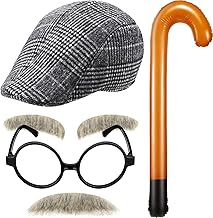 Sumind Kids Old Man Costume 100 Day of School Inflatable Cane Hat Eyebrow Mustache Glasses Old Costume Dress up for Boys(Black White Beret)