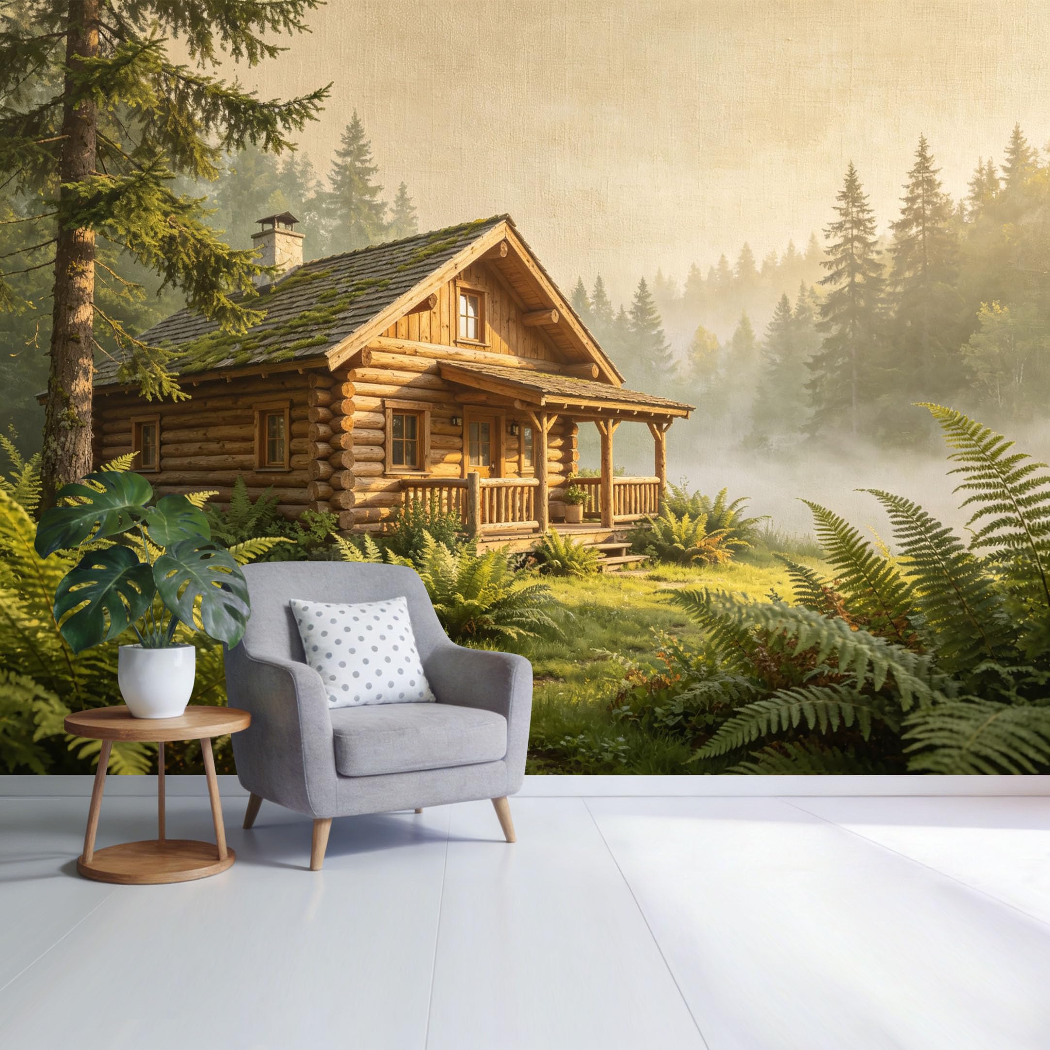 Custom Size Wall Mural Forest Cabin Morning Mist Landscape Botanical Rustic Nature Scene SelfAdhesive Wall Fabric Removable Wallpaper for Home Office Decor