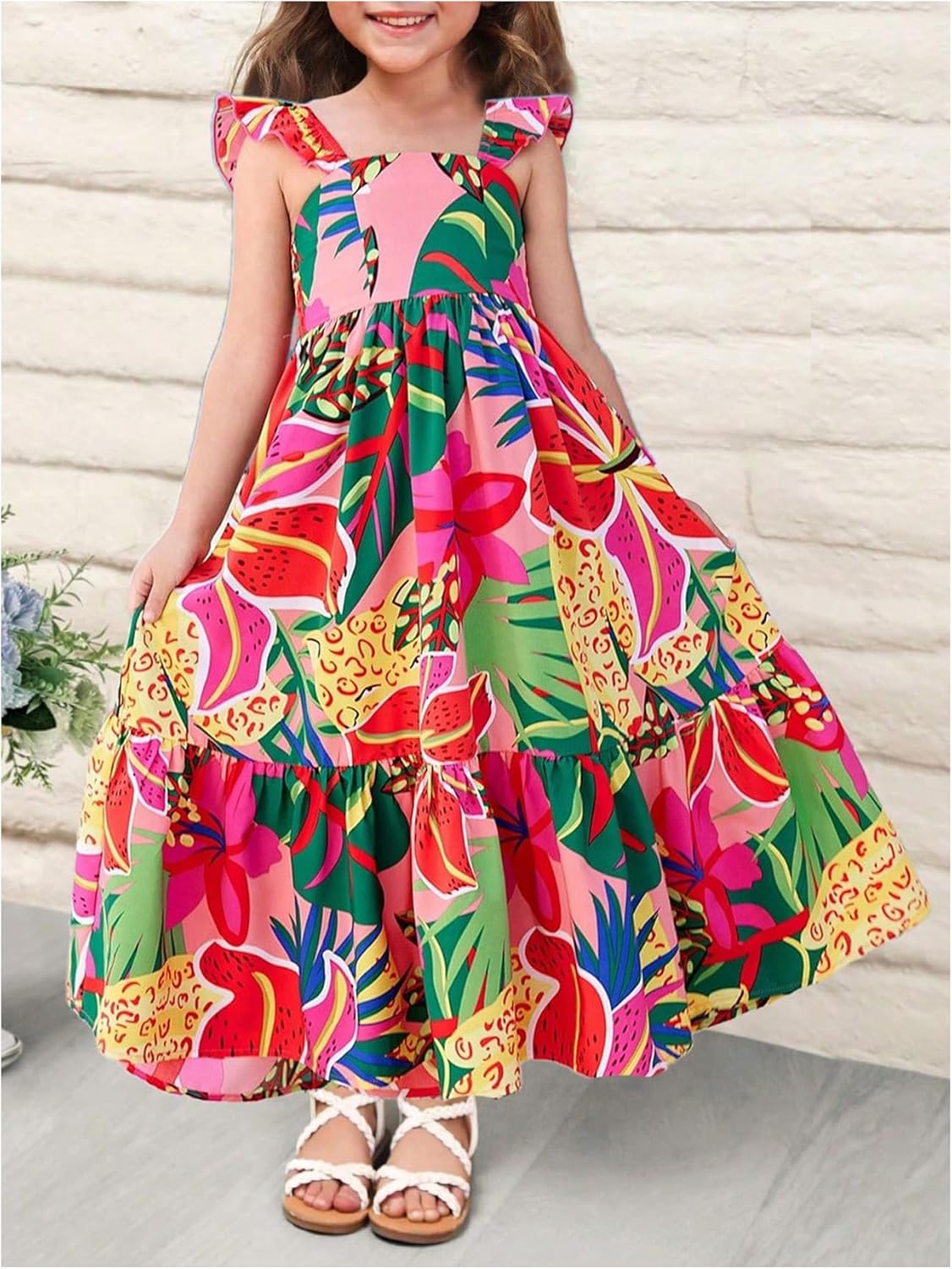 SOLY HUX Toddler Girl's Summer Dress Floral Print Square Neck Sleeveless Flowy Maxi Long Dresses - Image 3