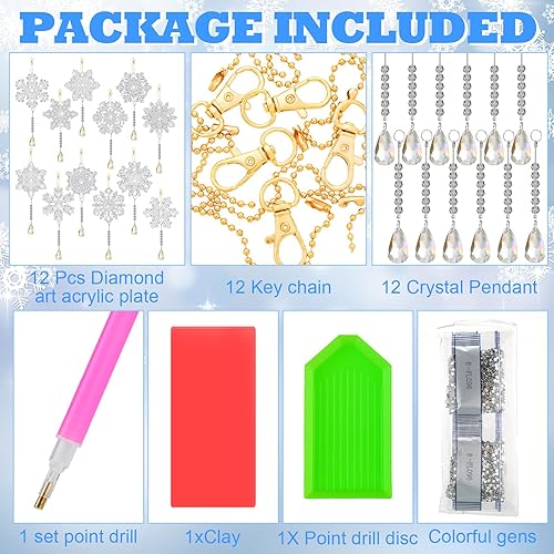 Miniatura 3 de Poen 12 llaveros de pintura de diamantes de copo de nieve de Navidad 5D, adornos de pintura de diamante, llaveros de arte de diamantes para colgar,