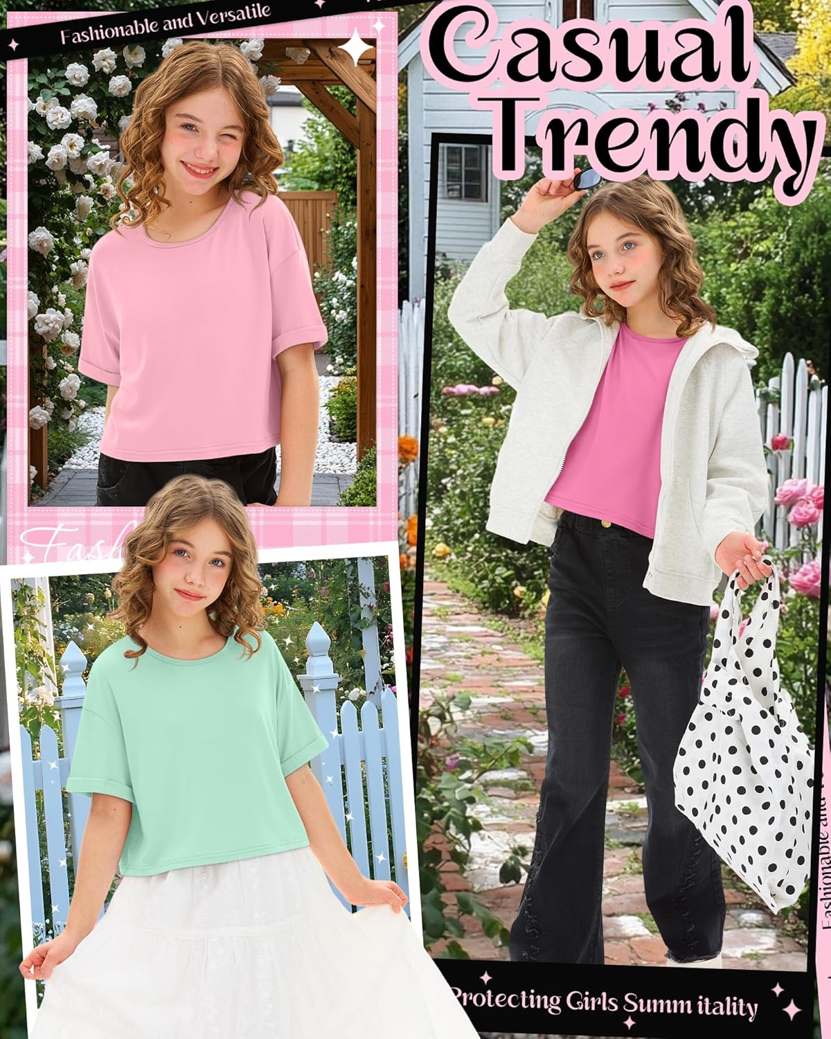 Oakgarden 4 Pack Girls Crop Tops Loose Rolled Sleeve Shirts Summer Fashion Crewneck Short Sleeve Kids Basic Tees 5-14 Years