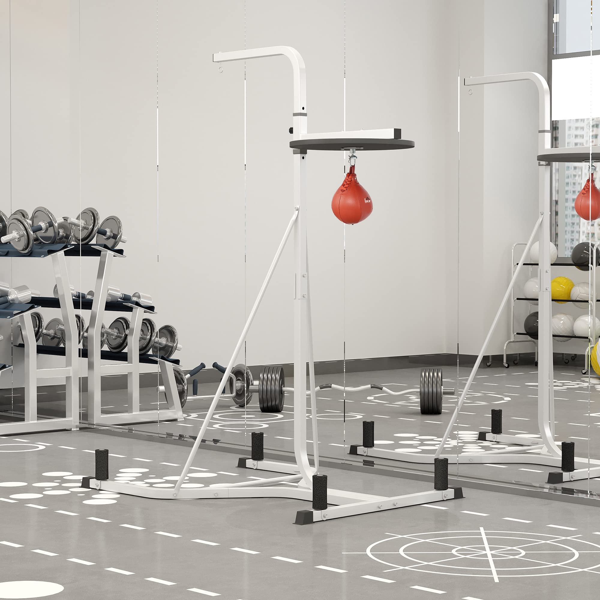 HOMCOM Soporte para saco de boxeo sobre pies autoportantes 2 en 1 con bulbo de velocidad regulable en altura plato redondo, robusto equipo de entrenamiento de acero para el hogar blanco