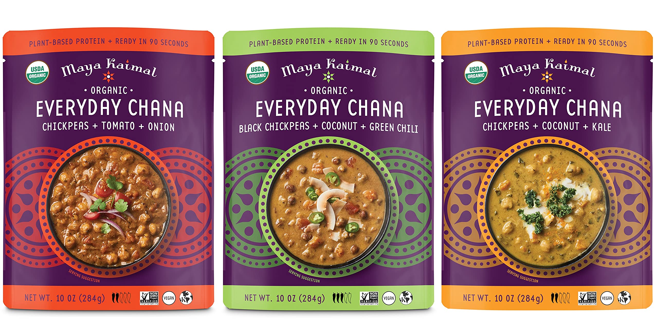 Maya Kaimal Organic Indian Everyday Chana - Fully Cooked - Vegan - Microwavable - Ready to Eat Meals (10 Ounce) (10 Ounce (Pack of 3), Variety)USDA Organic