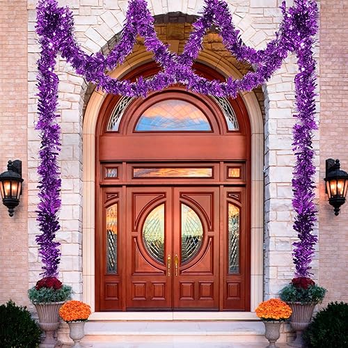 Miniatura 7 de Guirnalda de oropel de 26.2 pies, decoraciones metálicas moradas para cumpleaños, bodas, festivales, Mardi Gras, Halloween, Navidad, guirnaldas