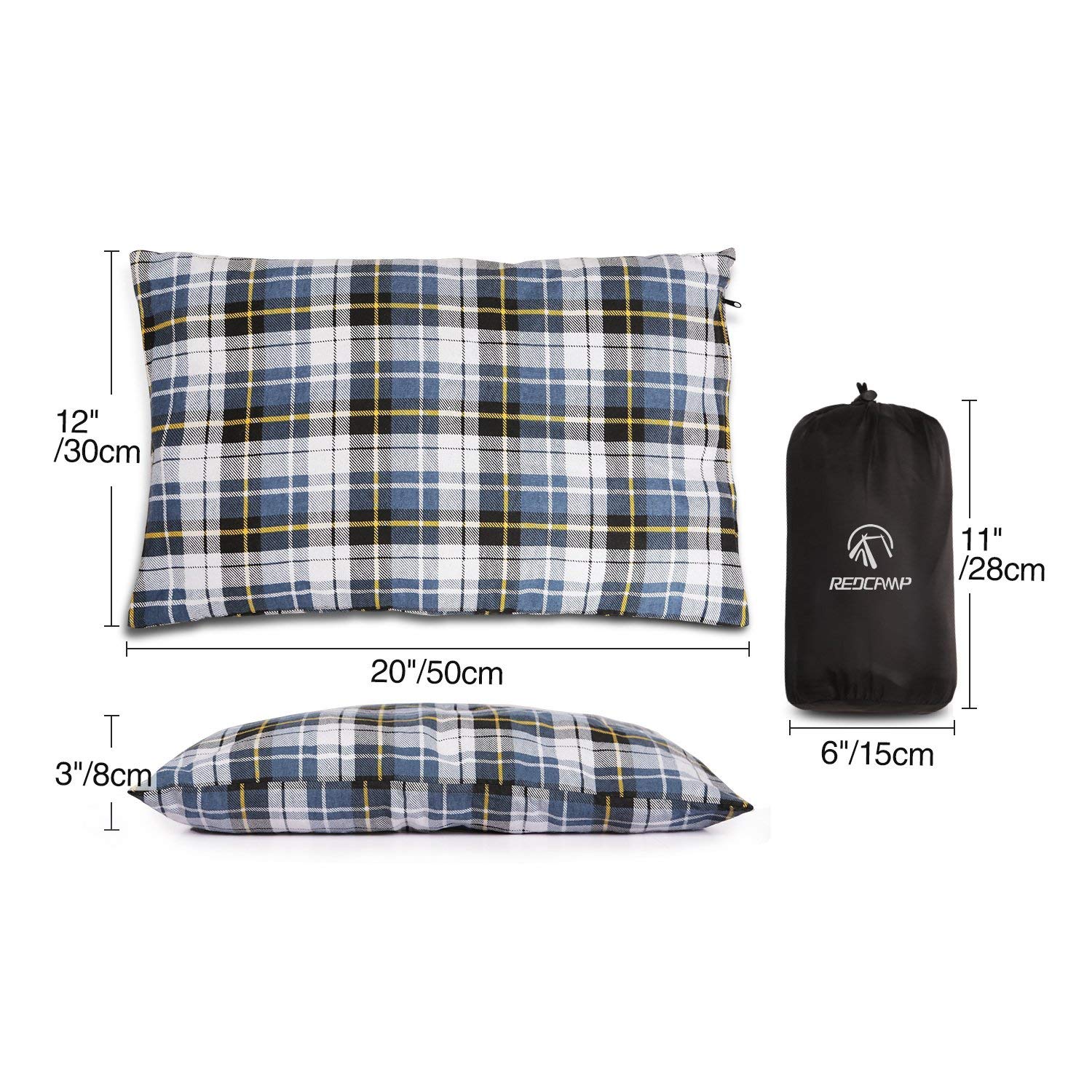 REDCAMP Lot de 2 petits oreillers de camping en flanelle avec housse amovible 50 x 30 cm, léger, compact, portable et micro lavable, pour randonnée, bleu et noir