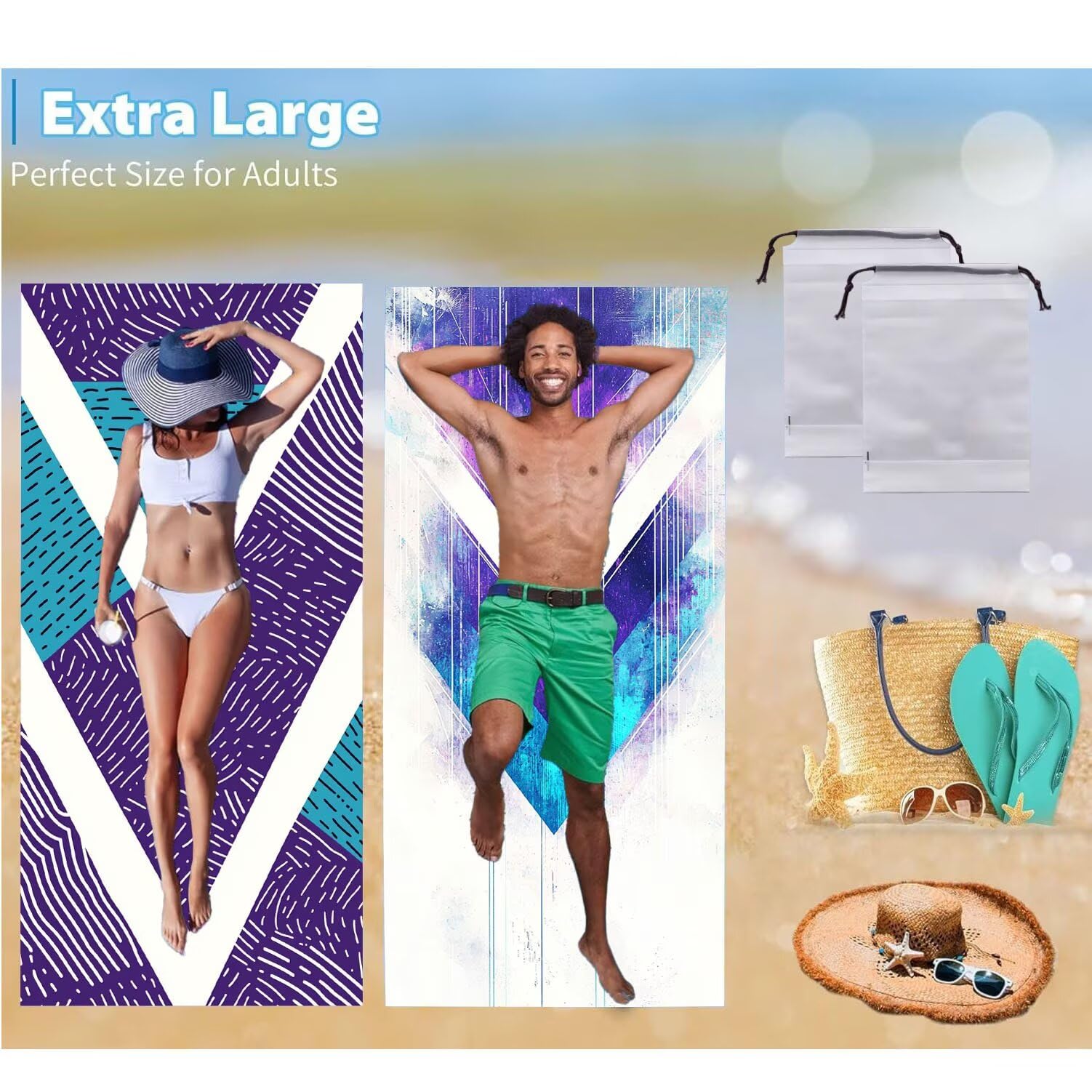 Strandtuch XXL, Mikrofaser Handtuch 2er Set 90 x 200 cm Groß Badetuch, Violett Geometrie Strandtuch Schnell Trocknendes, Sandbeständig, Summer Saunahandtuch Herren, Geschenke für Frauen C-1118