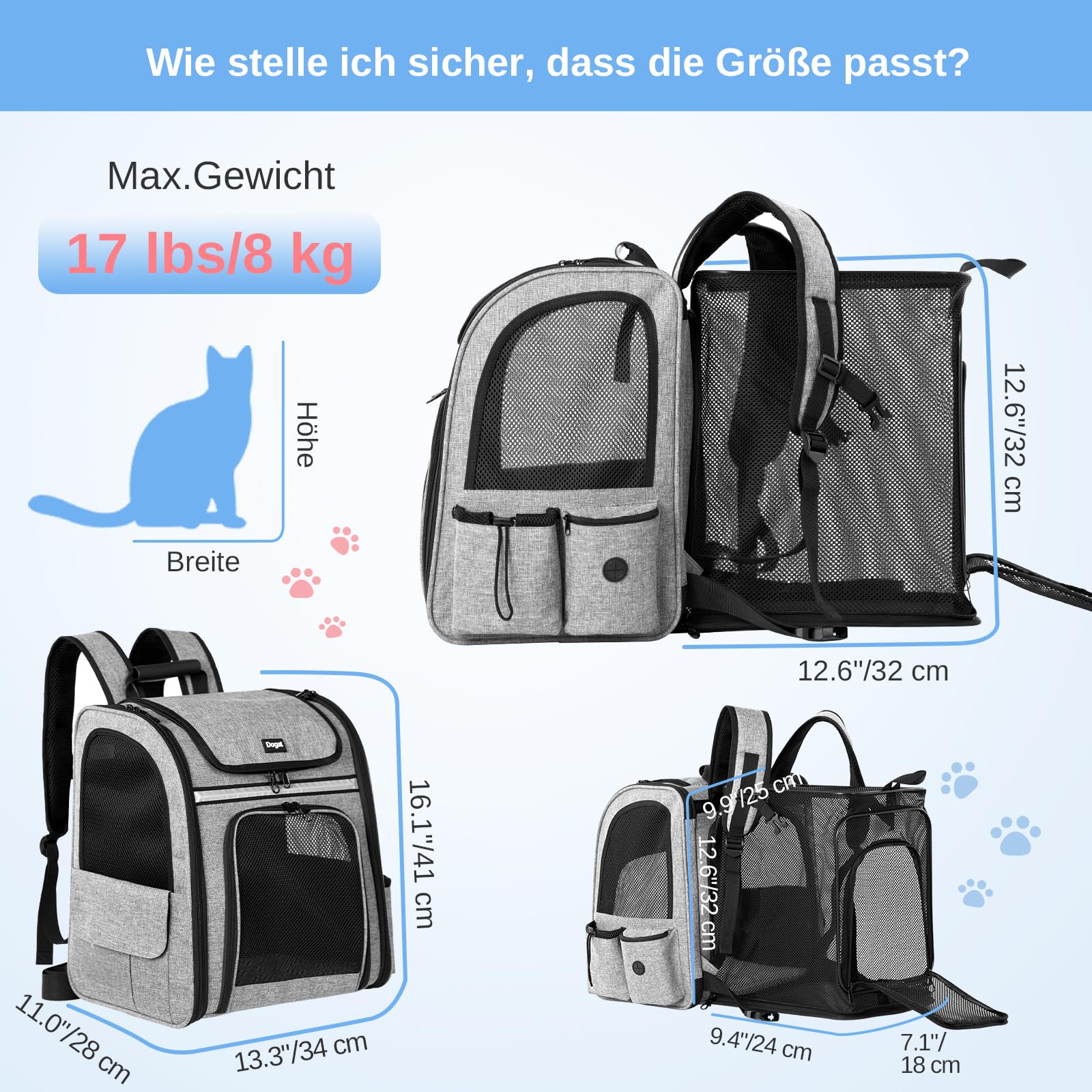 Mochila transportadora para Gatos, portátil Transpirable, Mochila Plegable para Transportar Mascotas, para Gatos y Perros medianos y pequeños, transportadora para, Gris | Ventana de malla transpirable, hasta 8 kg, 30 x 24 x 36 cm, para paseos diarios, sen