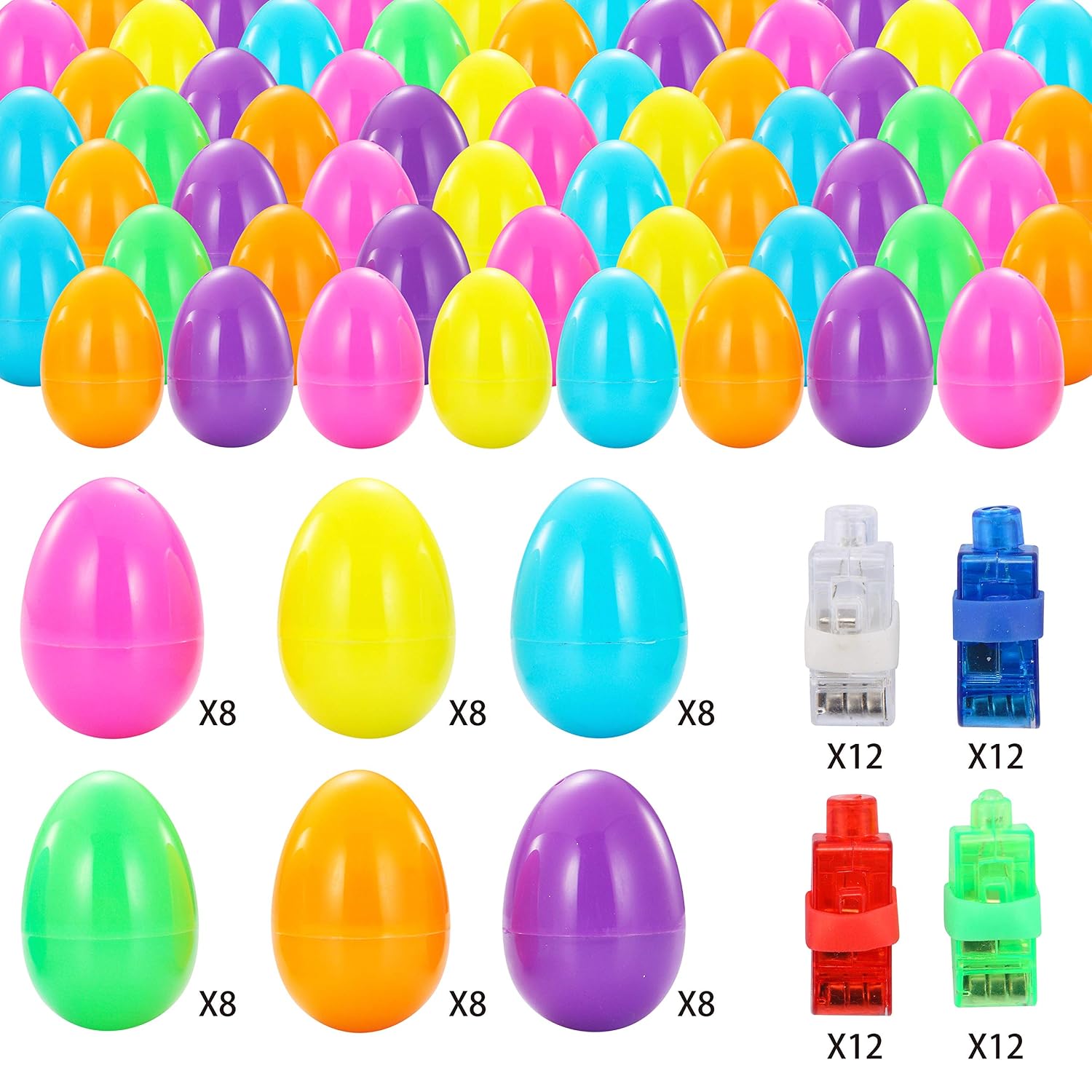 JOYIN 48 Pcs Pre-filled Easter Eggs with Bright Finger Lights for Kids Easter Eggs Hunt, Glow in Dark Eggs for Easter Basket Stuffers/Fillers, Filling Treats, Easter Party Favor, Classroom Prize Supplies