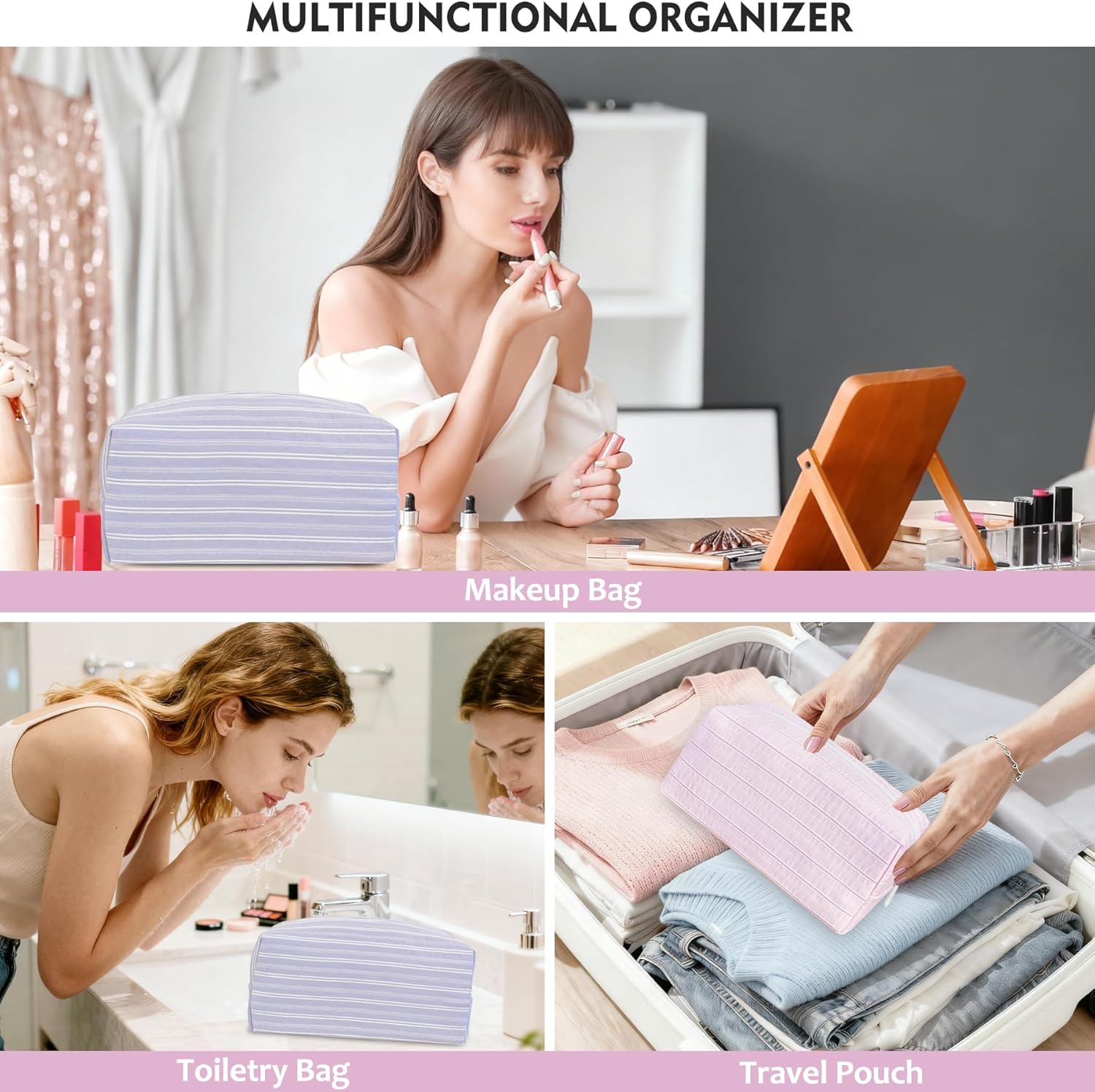 STARDW Striped Cotton Makeup Bag, Cute Cosmetic Pouch with Canvas Lining & Zipper, Travel Toiletry Bag - Image 5