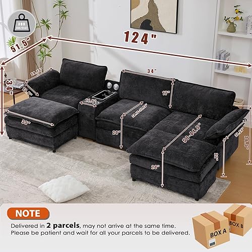 Miniatura 2 de Sofá modular de 124 pulgadas, sofá nube de felpilla en forma de U con almacenamiento, 2 otomanas, carga inalámbrica, altavoz, luz, 2 portavasos para
