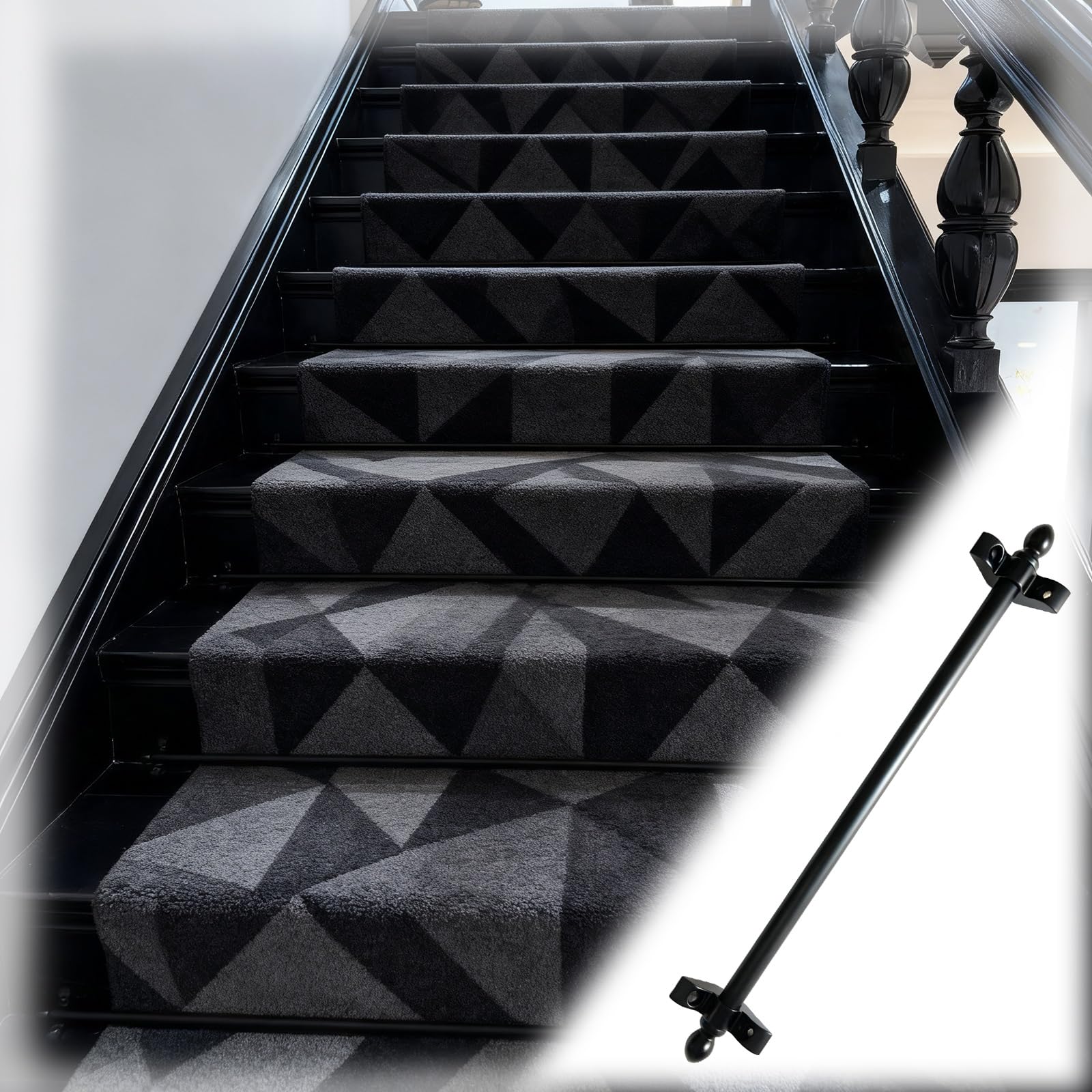asdchZen Stair Carpet Rod,Stair Carpet Fixing Rods Set Black Rug Bar Brackets For Timber, Marble & Concrete Stairs, 112Cm -Secure & Stylish Staircase Accessories,13pcs-112cm(44in)
