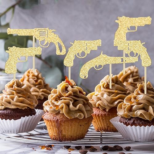 Miniatura 7 de Gyufise 24 piezas de decoración de magdalenas con purpurina dorada, pistola de tiro temático para cupcakes, baby shower, fiesta de cumpleaños,