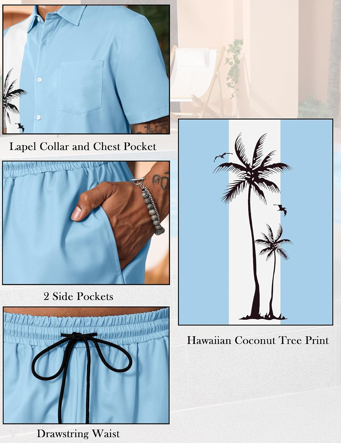 LecGee Men's Hawaiian Shirts Sets Button Down Coconut Tree Hawaiian Shirt Shorts 2 Piece Hawaiian Outfits - Image 5