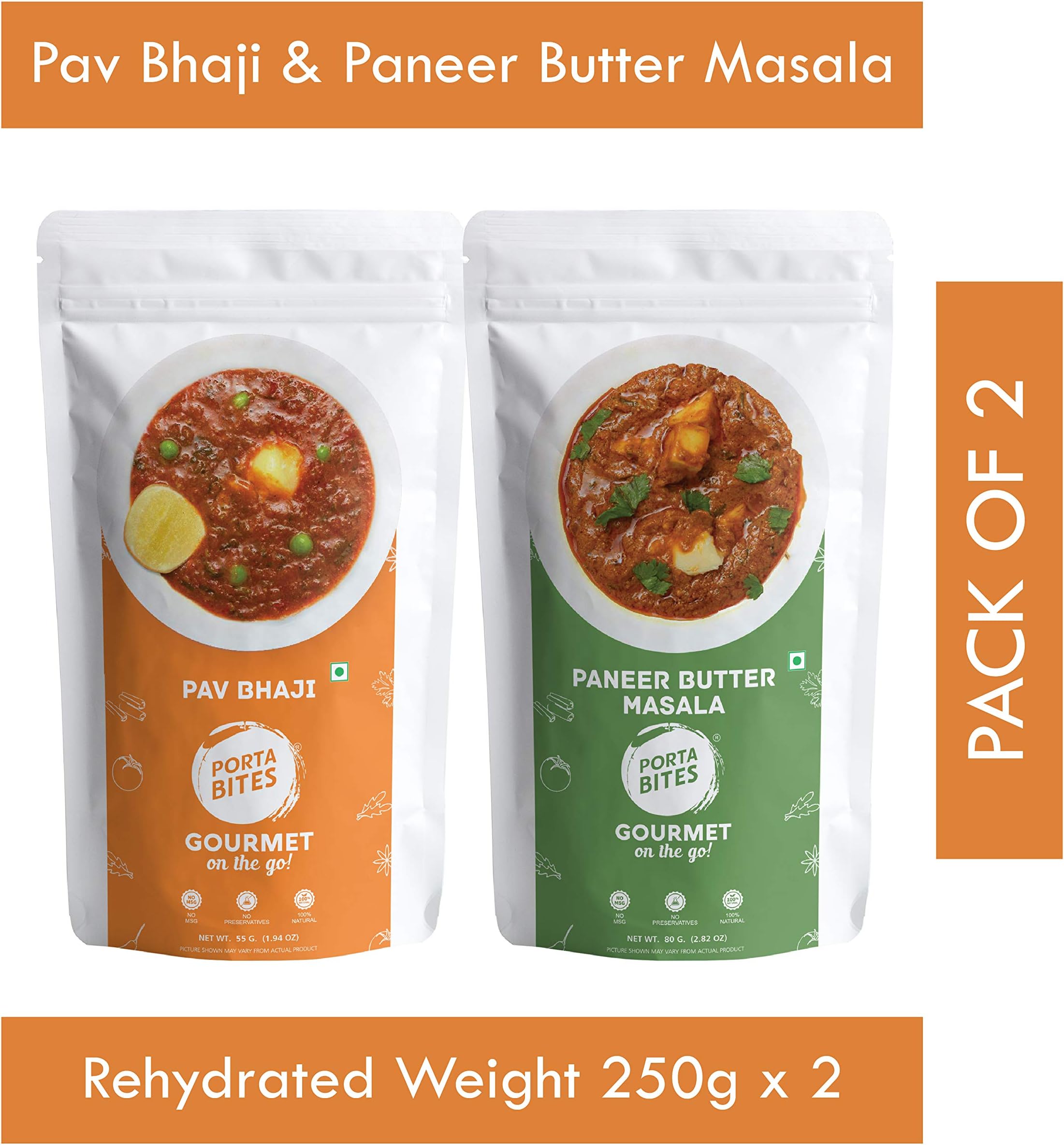 Porta Bites Freeze Dried Natural Ready to Eat Combo of Paneer Butter Masala & Pav Bhaji - Pack of 2 - 500 gm