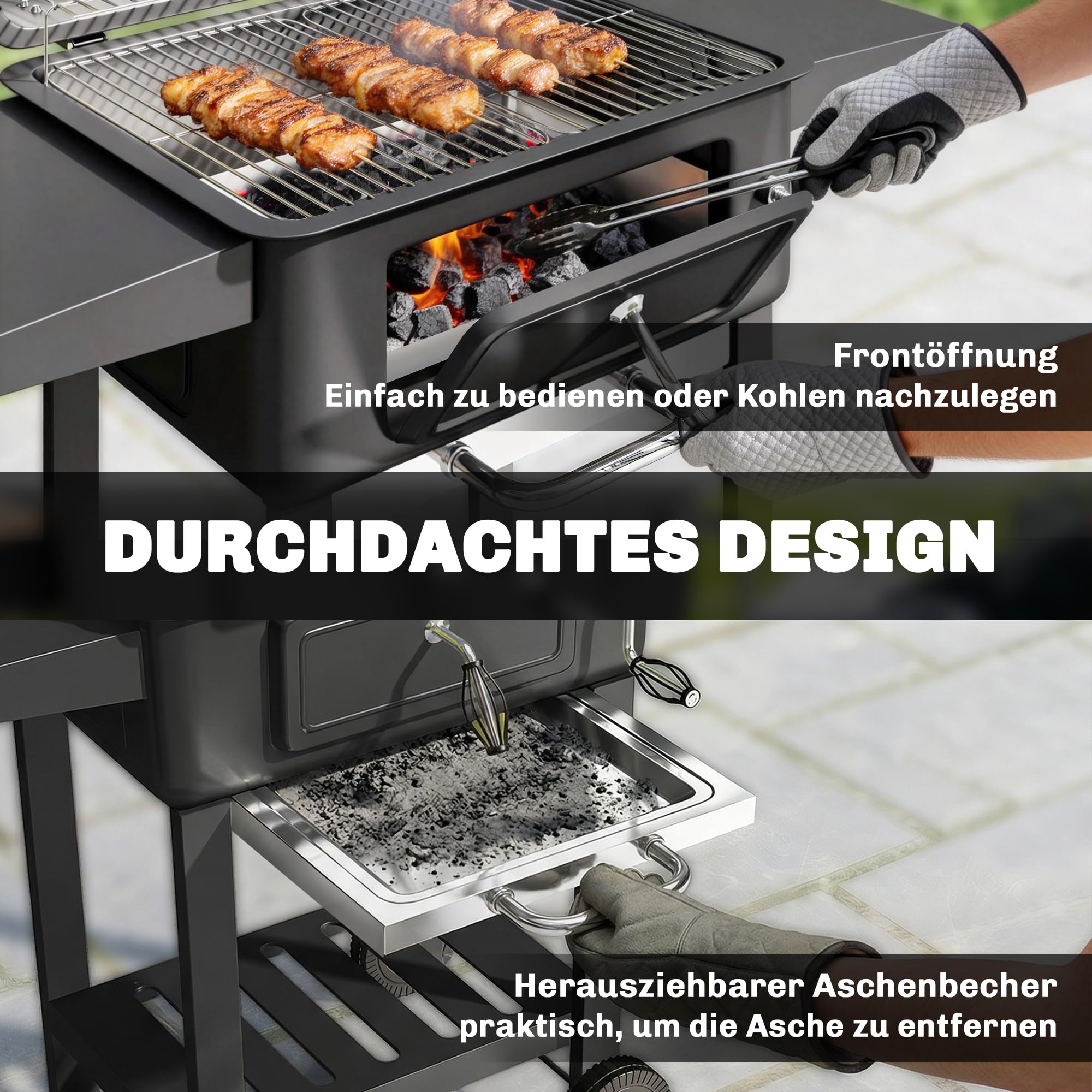Outsunny Holzkohlegrill BBQ Smoker Deckel Thermometer Grillwagen Räder | Höhenverstellbar Kohlepfanne, Grillrost, Seitentisch, Aschefach, Lüftungsschlitzen, Kohlegrillwagen, Camping Garten