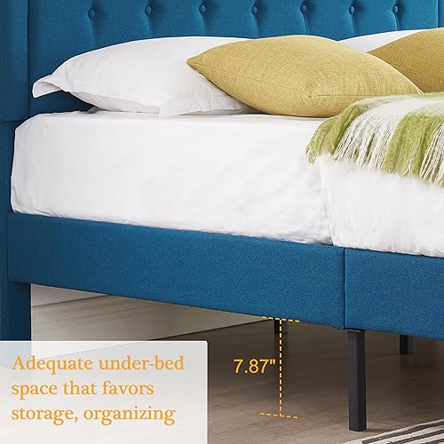 Miniatura 52 de VECELO Base de cama de plataforma de tamaño matrimonial con cabecera tapizada de tela y soporte de listones de madera, no necesita somier, fácil