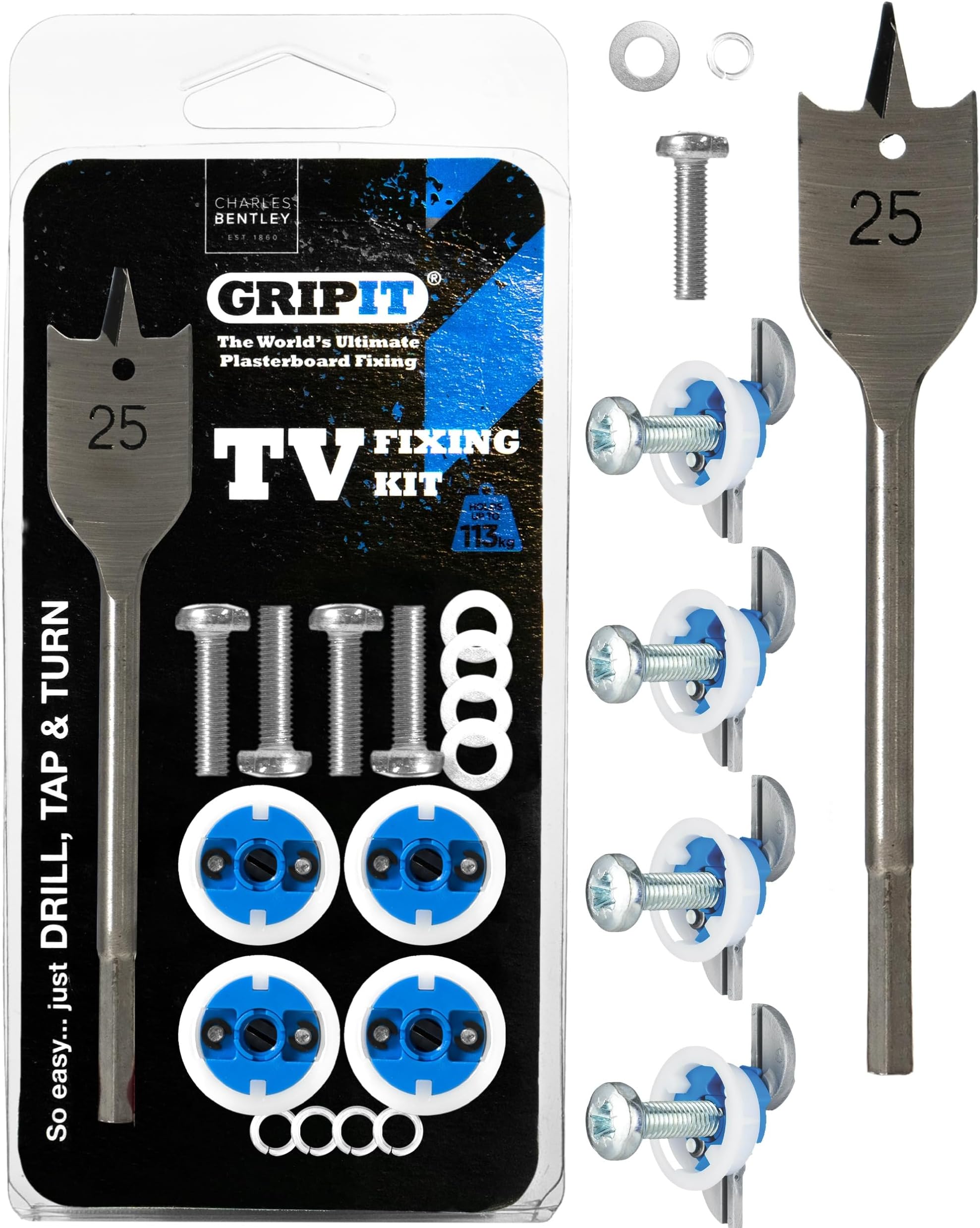 Gripit Blue Heavy-Duty Plasterboard Fixings - TV Mounting Kit - Pack of 4 - Holds Up to 113kg - Reusable Drywall Anchor for TVs, Stud Walls, Kitchen Cupboards & Boilers – UK Designed