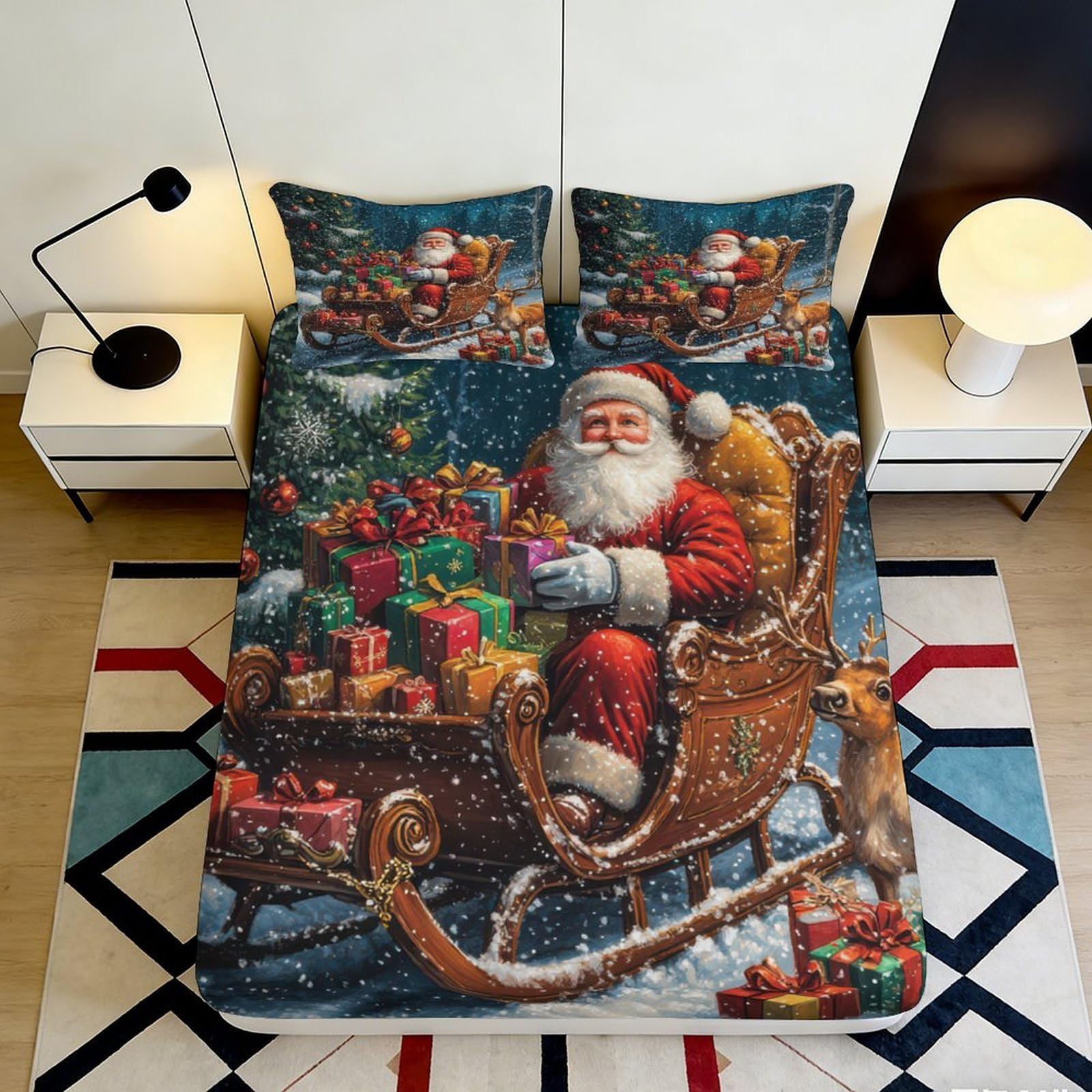 Jqzkxnhpbr Style-2 3D Printed Santa Sleigh Fitted Sheet Microfiber Soft Bed Cover For Bedroom Guest Room Decor 90X200x25cm