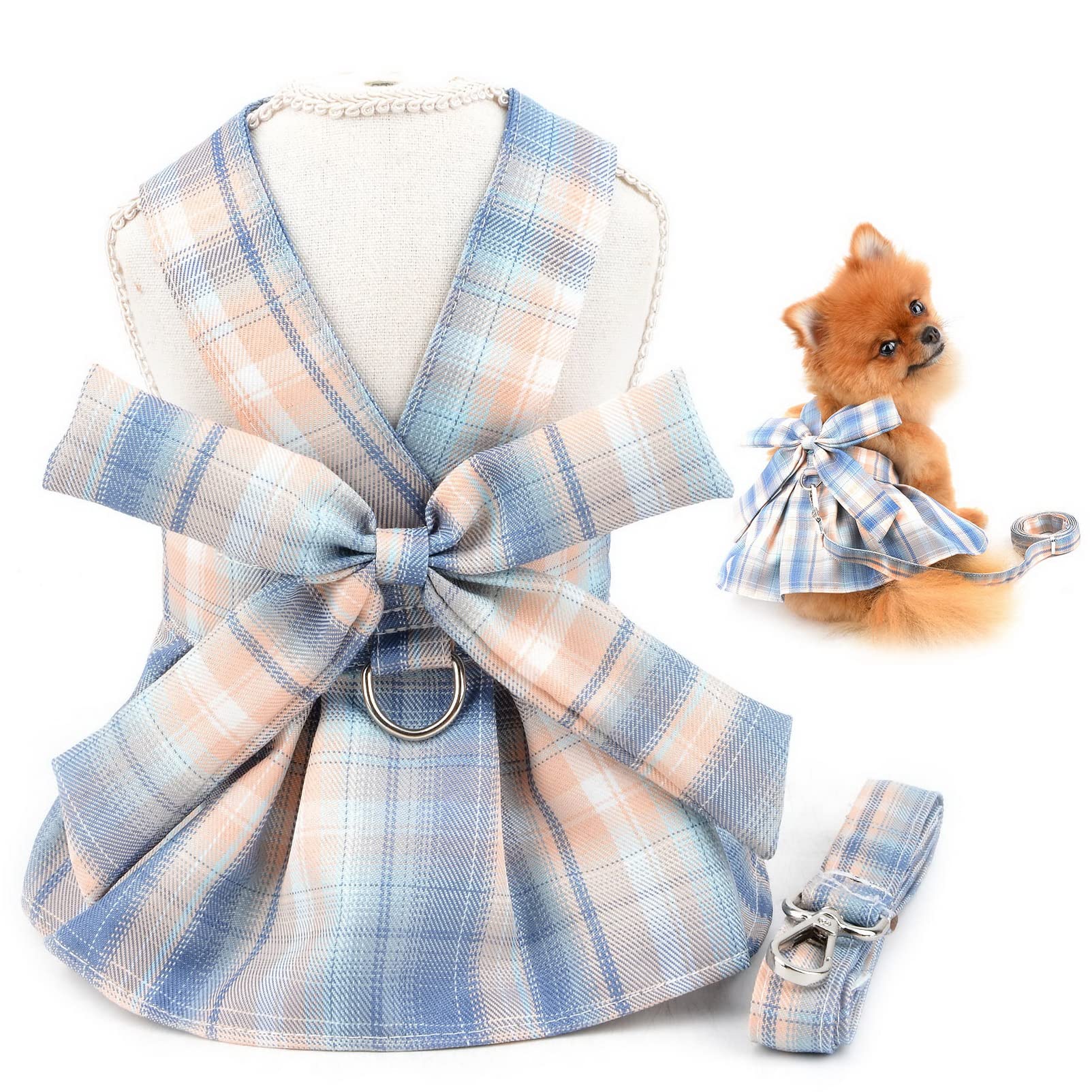 SMALLLEE_LUCKY_STORE Dog Plaid Harness Dress and Leash Set Bow Puppy Princess Dress for Small Medium Dog Cat Girls Pet Japanese School Skirt with D-ring Female Dog Clothes,Blue,S