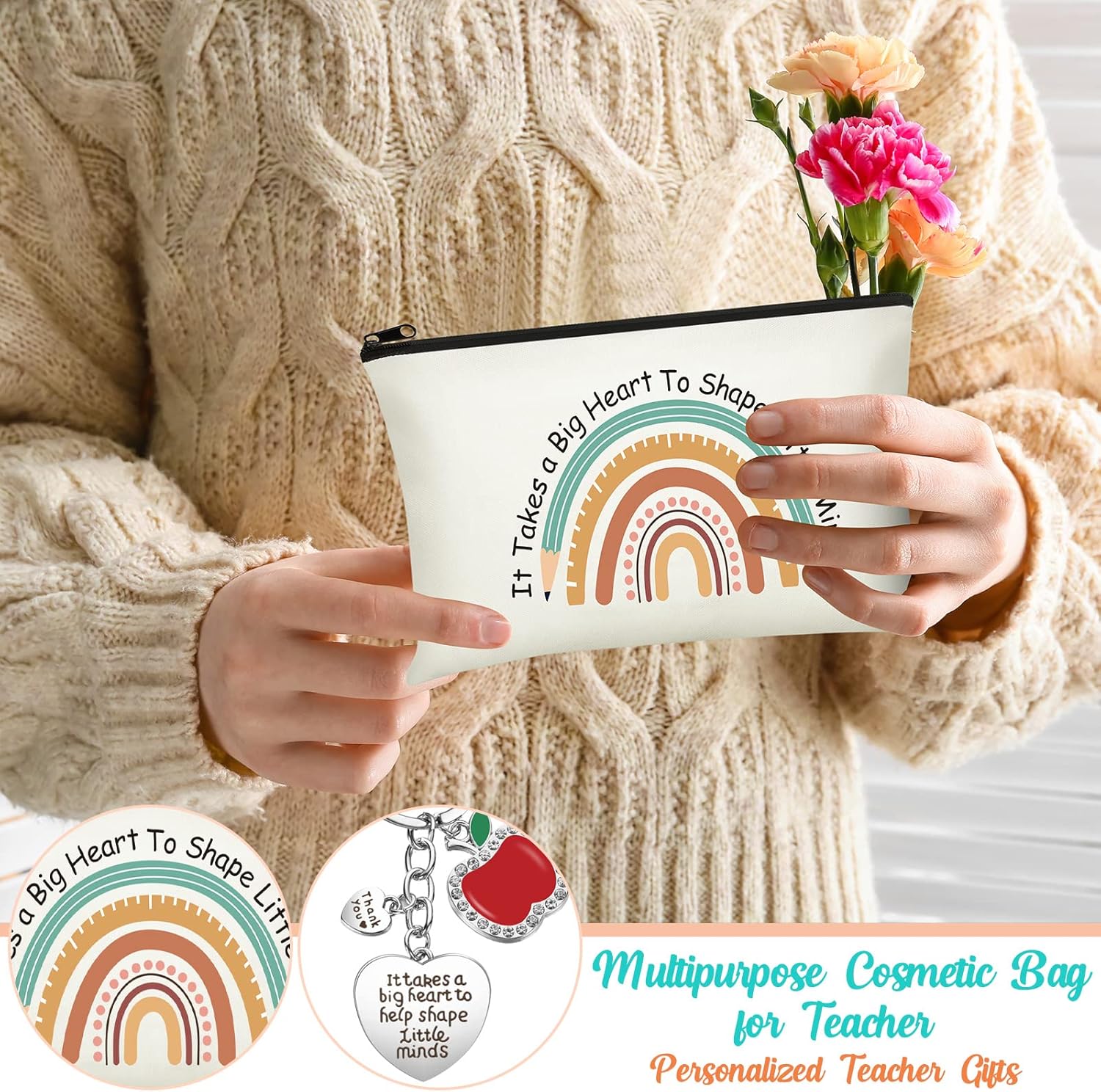 3 Pieces Back to School Teacher Gifts Teacher Appreciation Gifts 12 oz Teacher Wine Stainless Steel Tumbler Makeup Bag Keychain Insulated Coffee Tumbler Canvas Cosmetic Bags Thank You Gifts - Image 5