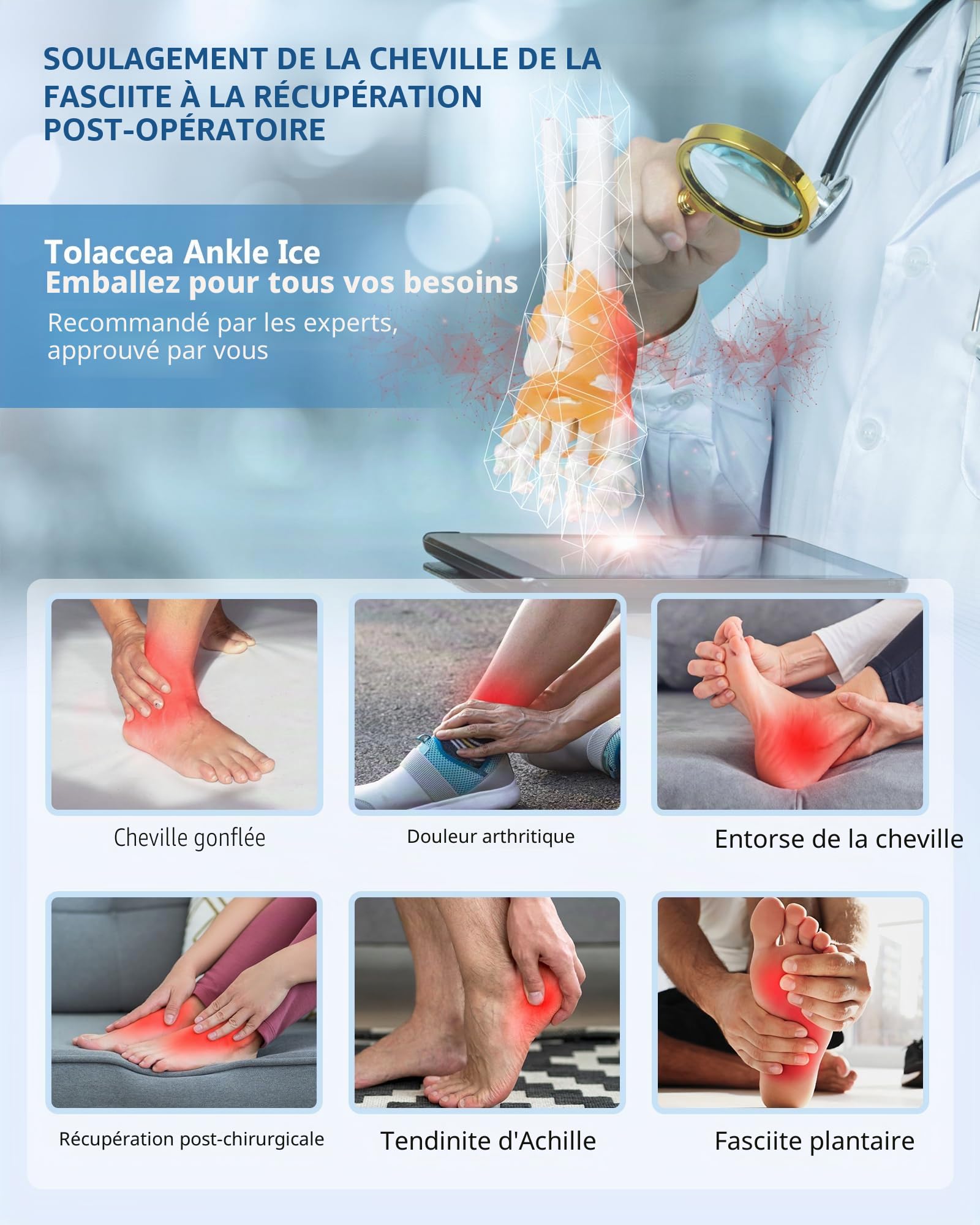 Poche de glace cheville Chevillère pour blessure à la tendinite d'Achille, poche froide en gel réutilisable pour la thérapie par la chaleur et le froid pour l'enflure, l'entorse (Pack of 1, L)