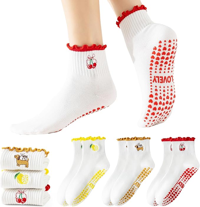 BISOUSOX Ruffle Socks Woman, Pilates Grips Socks Cute Frilly Ankle Lettuce Dress Grippy Yoga Non Slip Sock Size 5 7-9