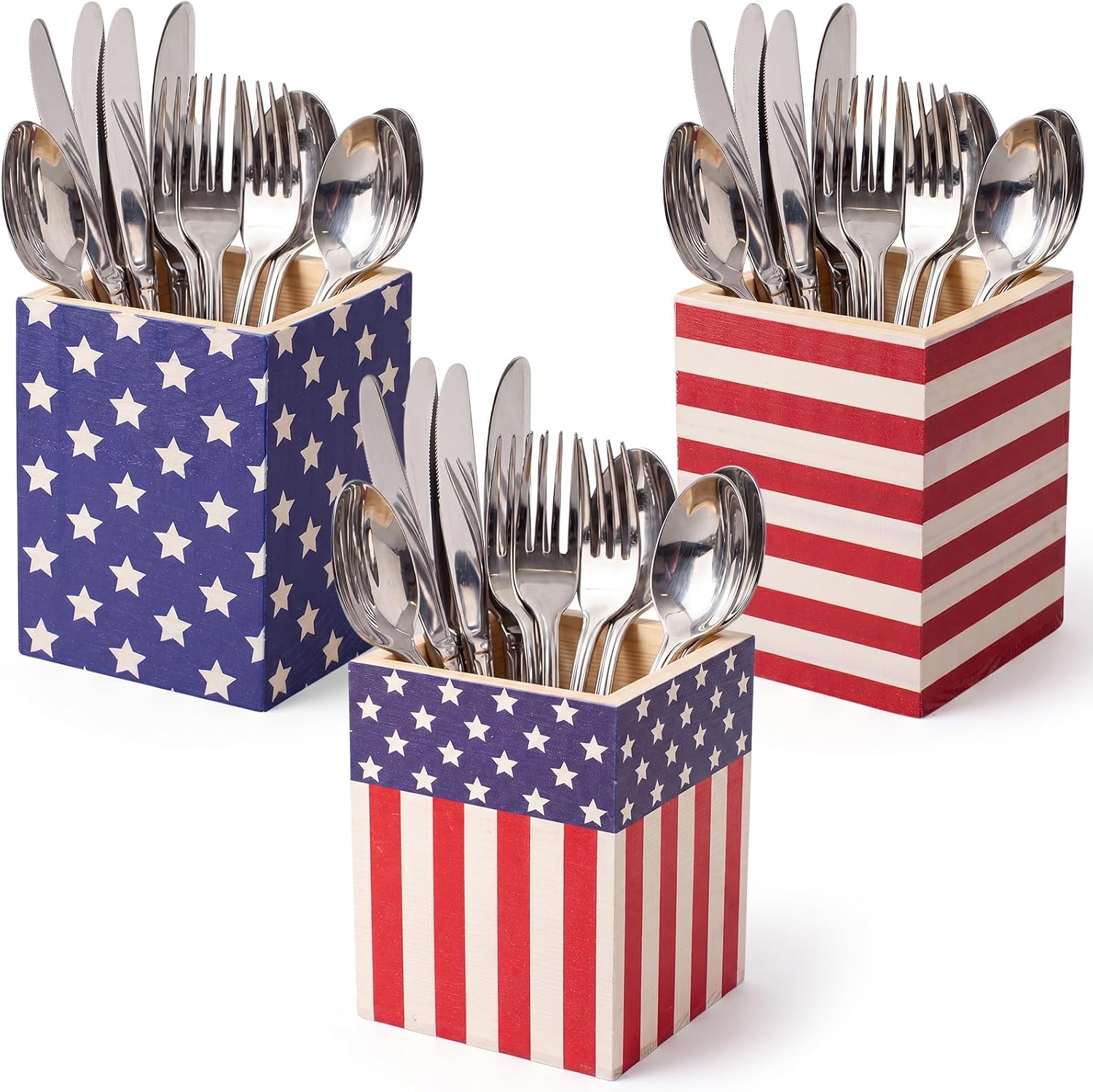 3 Pack Wooden Patriotic Utensil Holder Patriot Day Table Decor