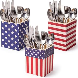 3 Pack Wooden Patriotic Utensil Holder Patriot Day Table Decor | American Flag Utensil Crock, Red White Blue Party Centerpieces, 3 x 5 Inch Table Organizer for Kitchen Counter