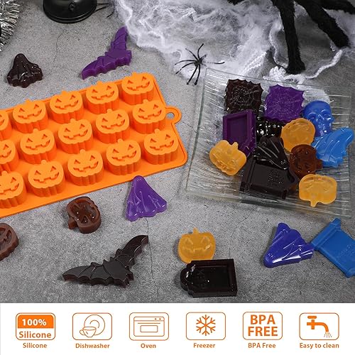 Miniatura 5 de Webake Molde de chocolate de Halloween con forma de calabaza Jack-O-Lantern, calavera, lápida, fantasma, murciélago y araña, moldes de silicona de