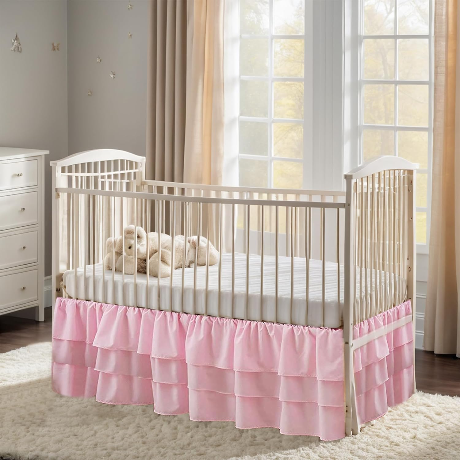 Ruffled Crib Skirt Baby Bed:Solid 3 Tiered Crib Baby Bedding Skirts,Crib Bed Skirt Dust Ruffle with Platform, Accessories for Baby Boys Girls,17.7" Drop- Fits Standard Cribs,28"x 52" (Pink)