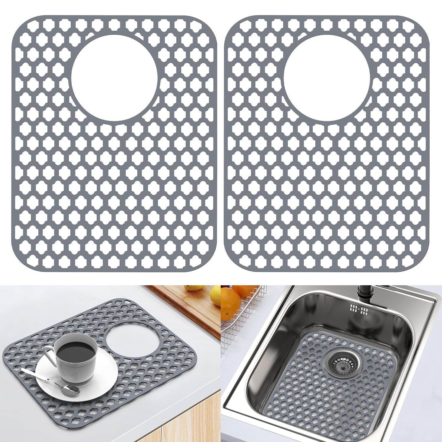 BEHOK 2 Pack Silicone Sink Protector for Kitchen Sink Bathroom, 13.58" x 11.6" Heat-resistant Sink Mat Non-Slip and Durable Silicone Protectors, Rear Drain, Gray