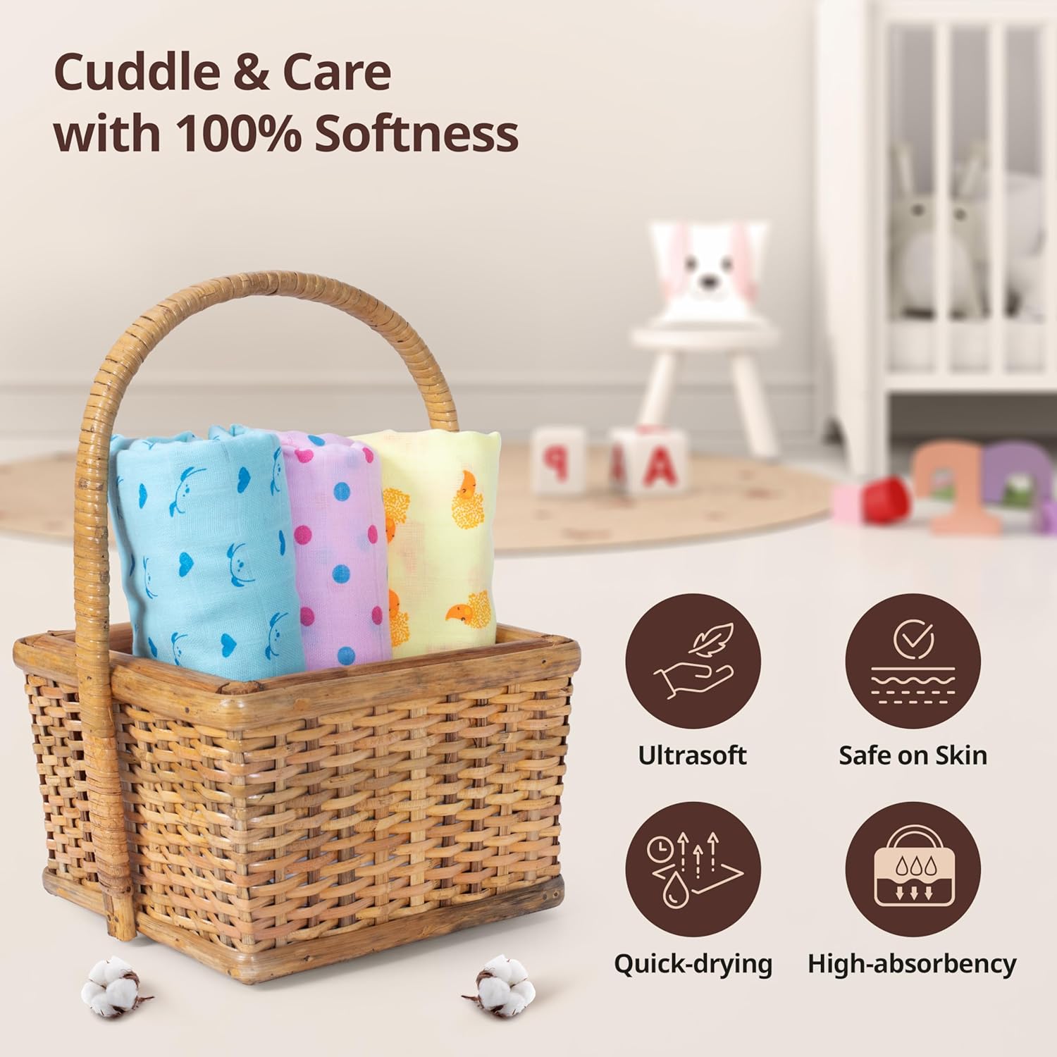 LuvLap 100% Cotton Muslin Baby Swaddle Set, Printed Muslin Swaddle for Newborn Baby, 0-18 Months +, Pack of 3 (Dots Hearts Print)