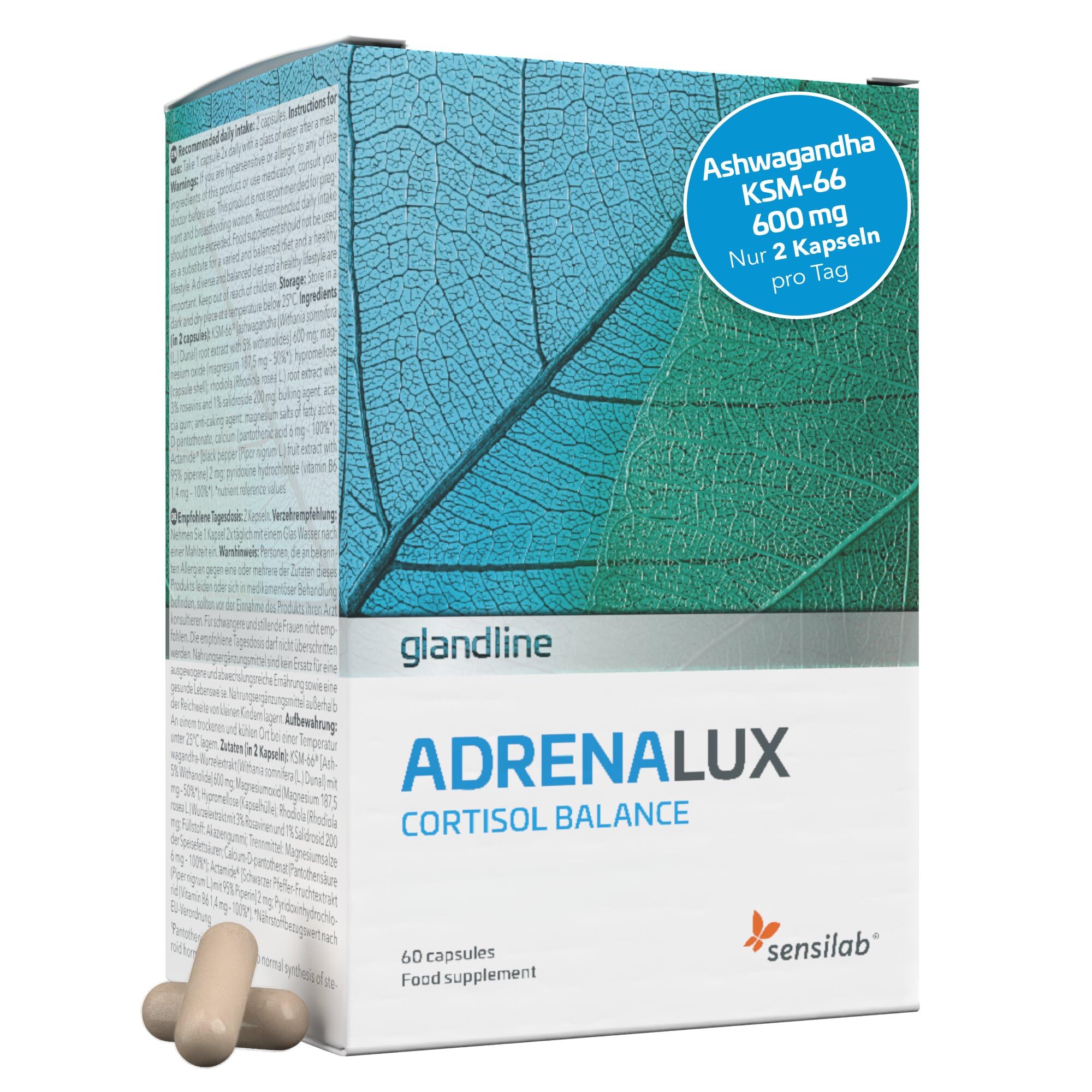 Ashwagandha 600 mg, Rhodiola Rosea, Magnesium, Vitamin B6 und Vitamin B5 - Cortisol - Nur 2 Kapseln Täglich - 60 Ashwagandha Kapseln für 30 Tage - 10% Witanolide - AdrenaLux Sensilab