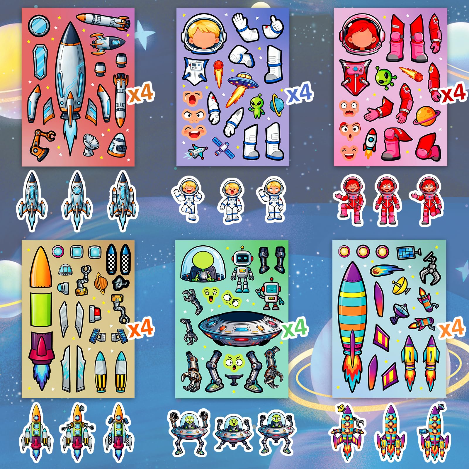 24 Sheets Make Your Own Stickers, Space Make-a-face Sticker Aliens, Astronauts, Spaceship DIY Craft Stickers for Party Decoration Reward — view 5