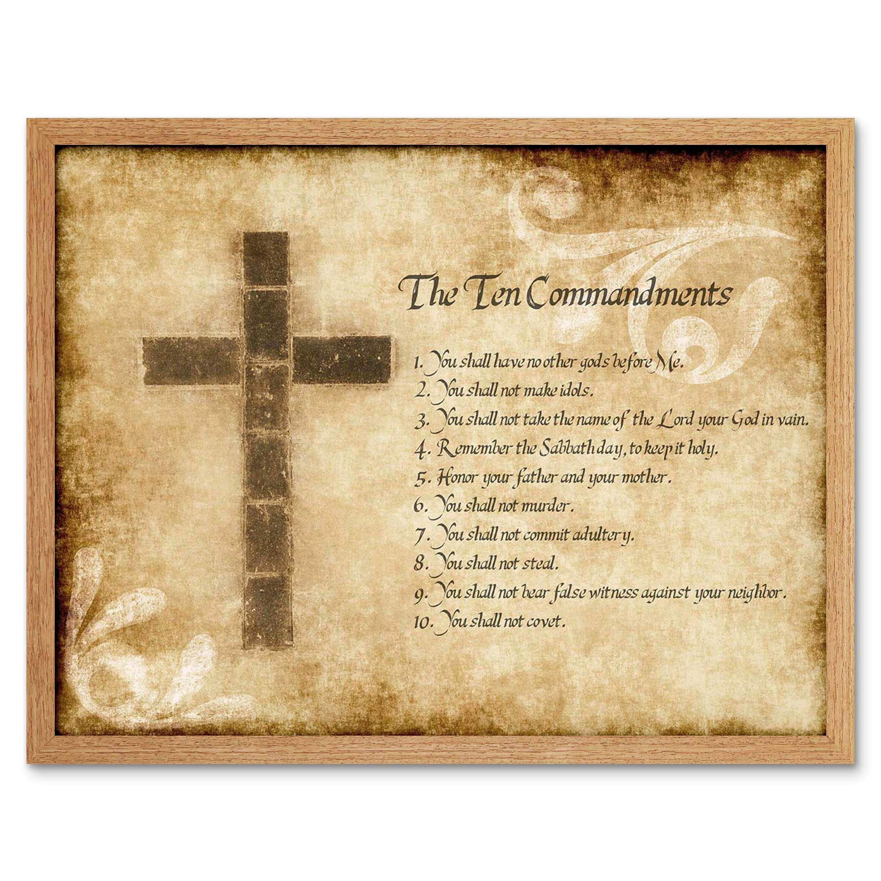 Wee Blue Coo Ten 10 Commandments Cross Christian Religious Quote Typography Art Print Framed Poster Wall Decor 12X16 Inch