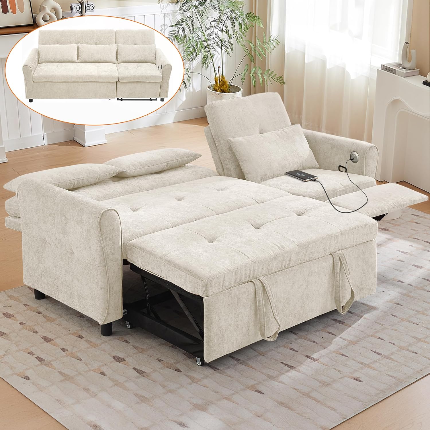 3 in 1 Convertible Pull Out Sofa Bed, 82" Pull Out Couch Bed with USB&Type-C Ports, Corduroy Sleeper Sofa Reversible Chaise Recliner for Small Spaces, Living Room, Apartment, Office (Beige, 82")