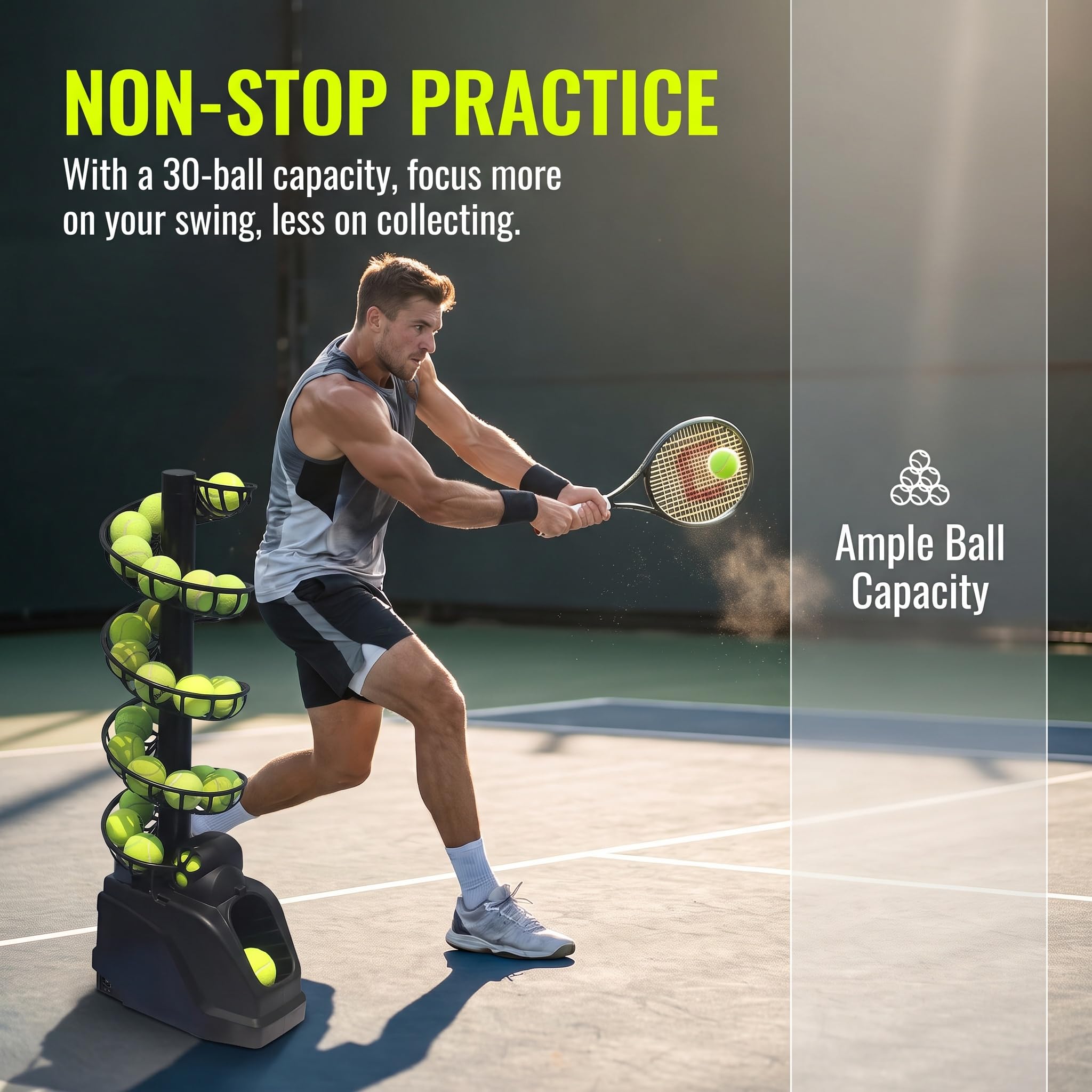 Lanciapalline da Tennis Portatile, Macchina Lancia-Palline da Tennis, capacità 30 Palline, 4 Livelli Regolabili, 3 Frequenze di Lancio, per Adulti, Principianti E Appassionati.