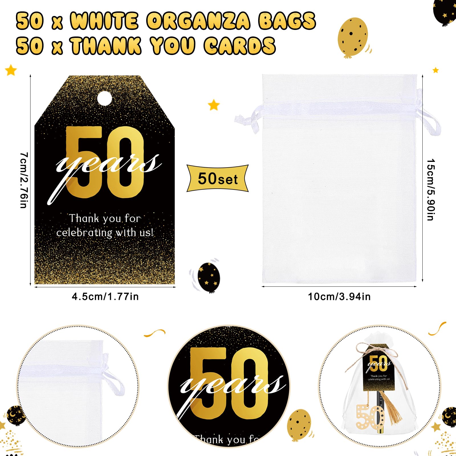 Spakon Goldenes Lesezeichen zum 50. und 60. Geburtstag, Souvenirs für Gäste, Jahrestag, Party, Geschenk, mit Etiketten, 50 Stück