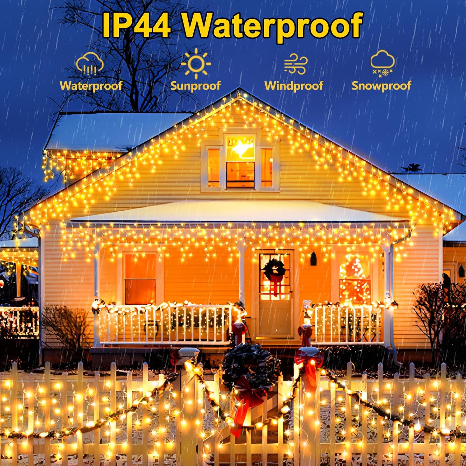 SAUIRS 100FT 960 LED Christmas Lights Outdoor Decorations with 180 Drops Timer 8Mode Curtaing String Lights Waterproof Plug in Fairy Lights for Indoor,Xmas,Party,Patio,Window,Trees Decor(Warm White)