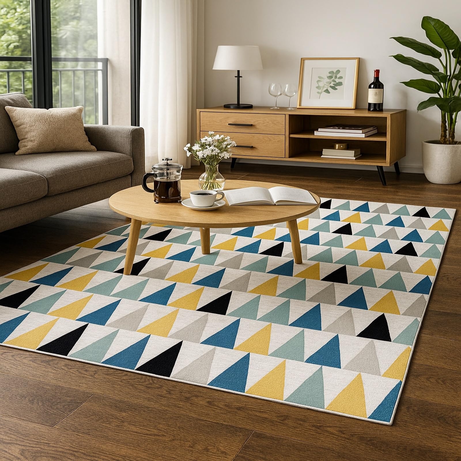 Tappeto Soggiorno 150 x 180 cm Tappeto Grandi Morbido Pelo Corto Tappeti Antiscivolo per Camera da Letto e Salotto Retro blu-verde, giallo-blu navy, nero, grigio chiaro, bianco sporco