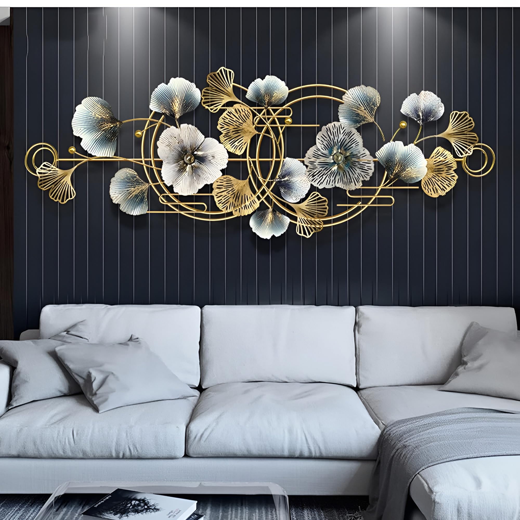 Déco Murale Métal Feuilles Ginkgo - Lot De 2 - Style Moderne - Pour Salon, Chambre, Bureau - Doré Et Bleu