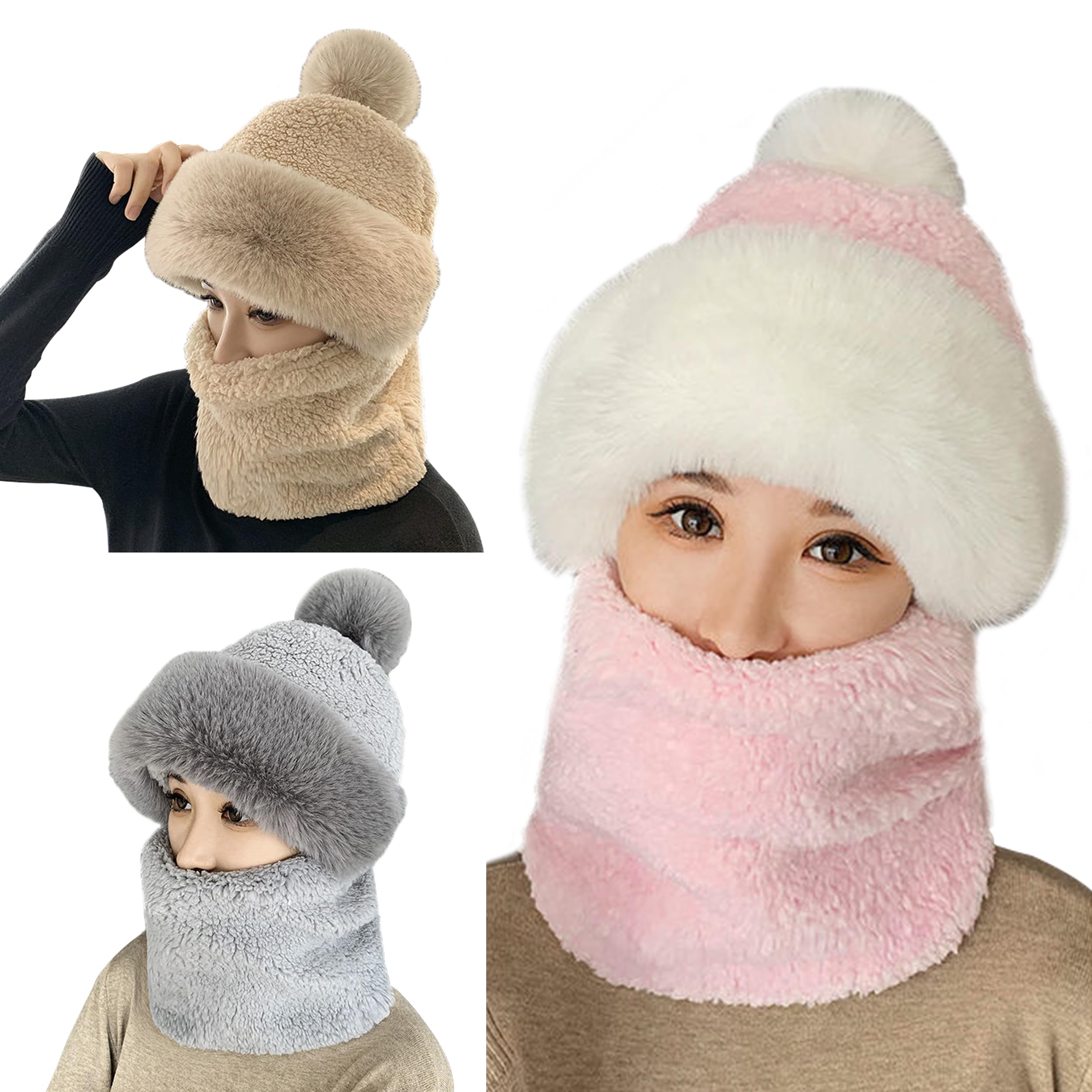 KEAGAN3 In 1 Women Cycling Windproof Scarf Hat, Winter Warm Hats, Winter Siamese Windproof Hat, Winter Plush Beanie Hat, Beanies Velvet Hat for Outdoor Recreation, Cycling, Climbing Thermal Equipment