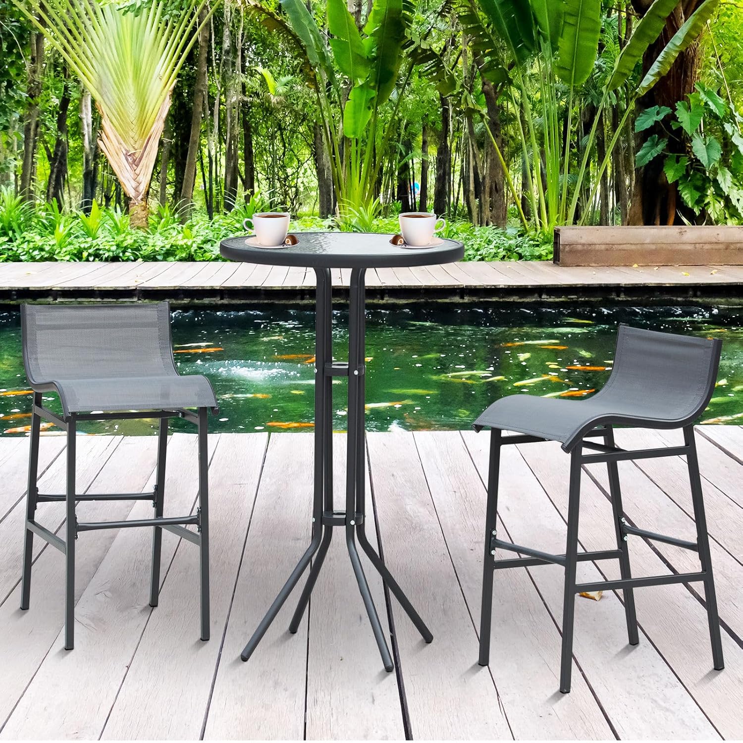 3 Piece Bar Height Outdoor Bistro Set for 2, Round Patio Pub Table & Chairs, Metal & Tempered Glass, Charcoal Gray