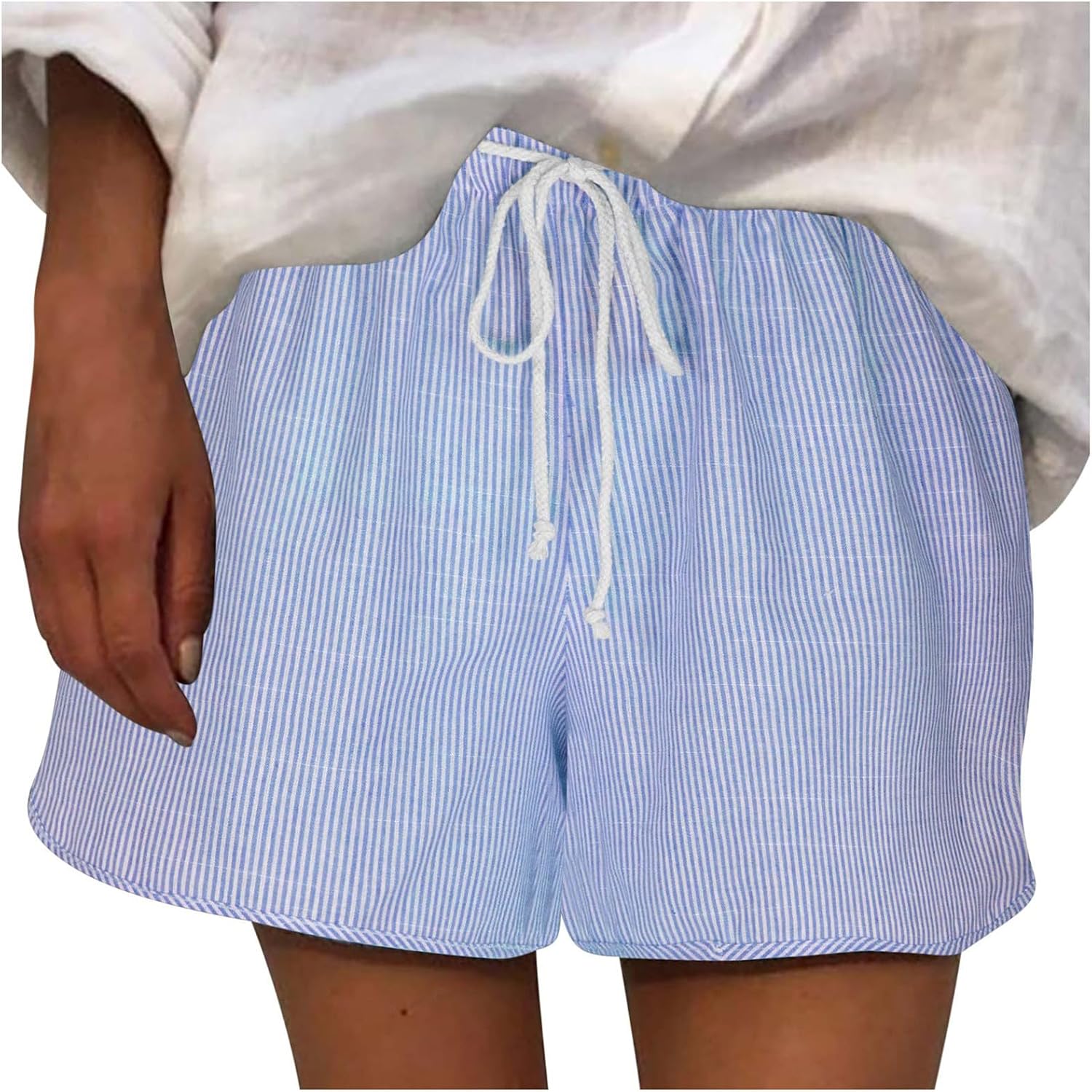 Women's Striped Shorts Linen Mini Shorts Drawstring High Waisted Wide Leg Lounge Shorts Summer Casual Cropped Pants