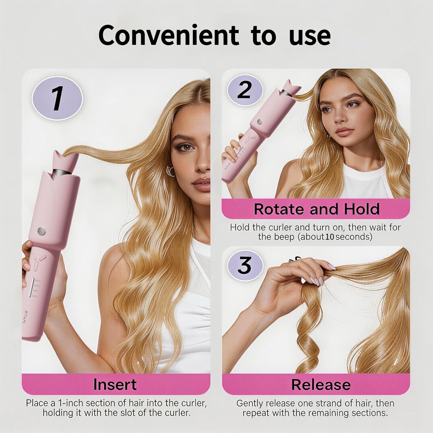 Cordless Curling Iron with Temperature Control, Rechargeable Hair Curler, Bunny Ear Design Portable Curling Wand for Travel, Fast Heating Hair Styling Tool for Women Girls, Pink