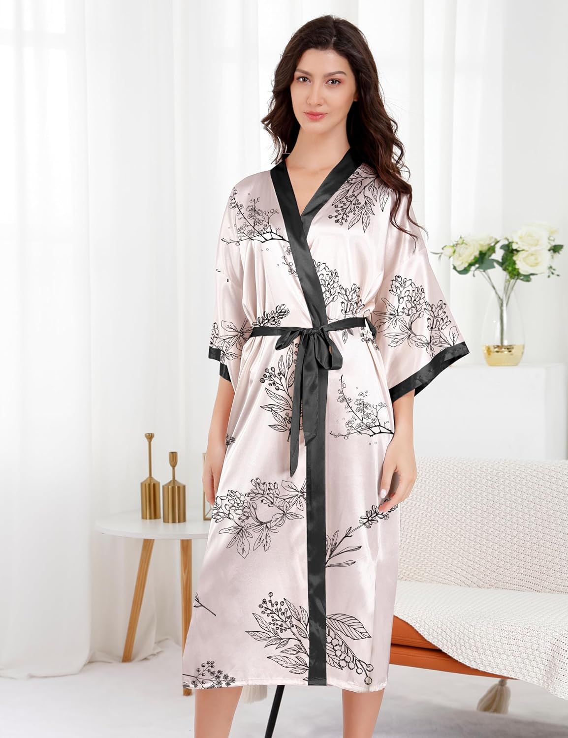 EPLAZA Silk Robes for Women Satin Robe Long Sexy Print Flower Kimono Loungewear Wedding Bridal Party