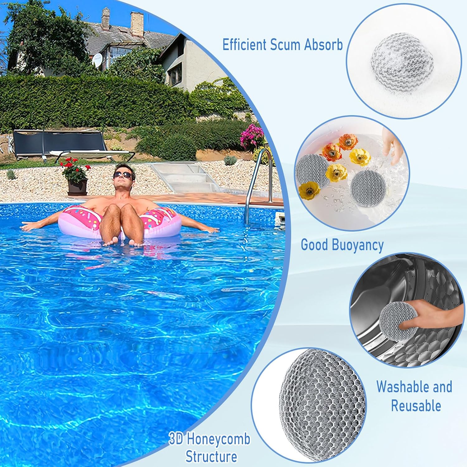 JULMELON Hot Tub Scum Absorber, 6 Pack Spa & Pool Scum Eliminating Balls Reusable Hot Tub Oil Absorbing Sponge Washable Scum Floating Filter to Keep Water Clear for Pool Bath Hot Tub Accessories(Gray)